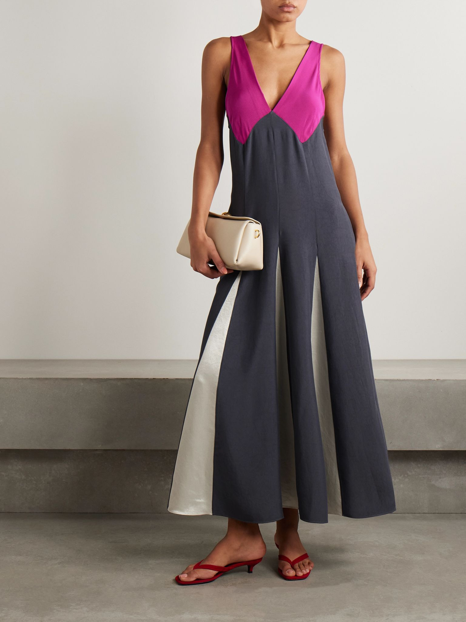 Paneled twill, crepe de chine and satin maxi dress Gray - 2