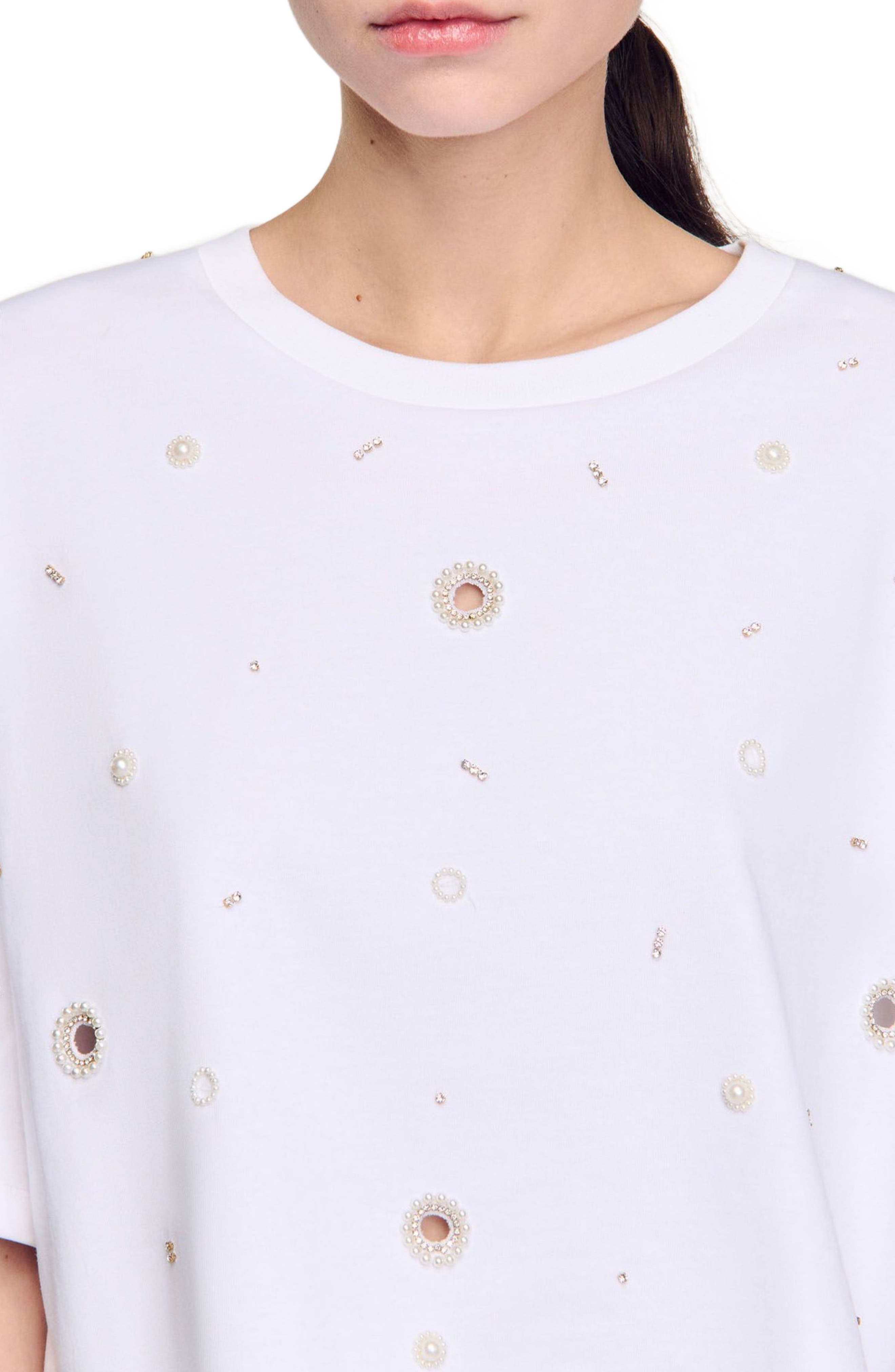SANDRO Cropped pearl bead T-shirt in White at Nordstrom - 4