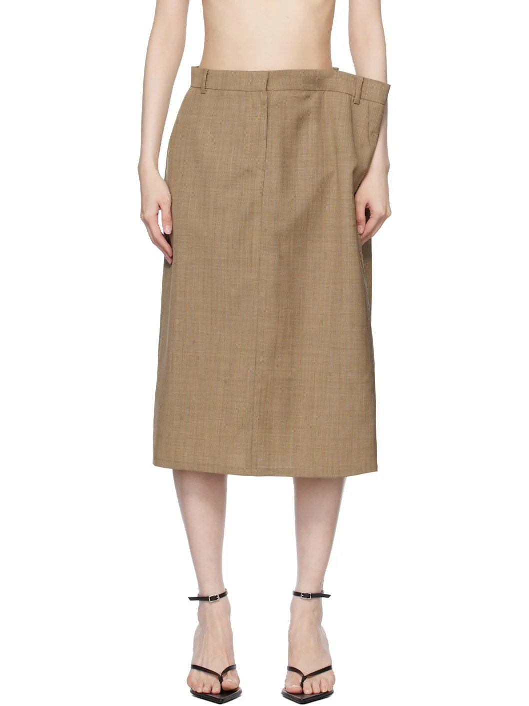 Beige Side Folded H Line Midi Skirt - 1
