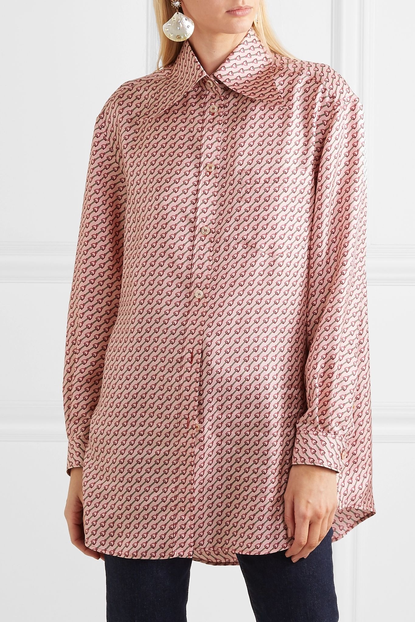 Pussy-bow printed silk-twill shirt - 7