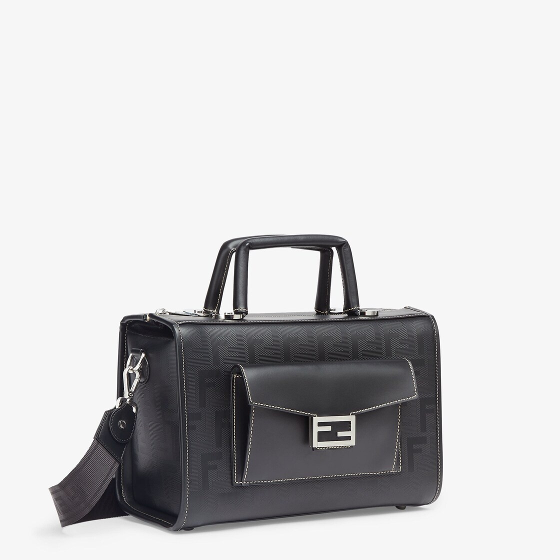 Structured-design Boston bag with zip fastening made of black leather with striped texture FF motif  - 2