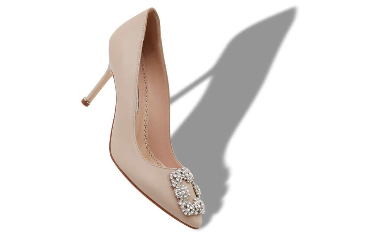 Beige Calf Leather Jewel Buckle Pumps - 2
