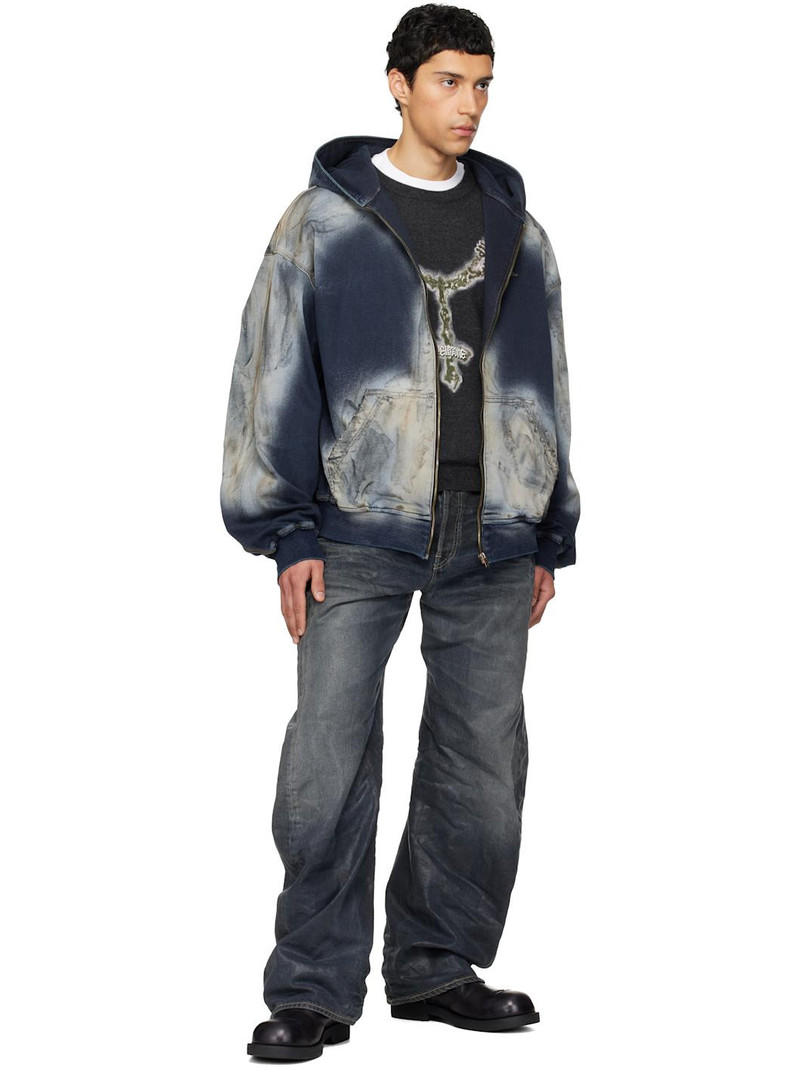 We11done Blue Zip-Up Dirty Denim Jacket outlook