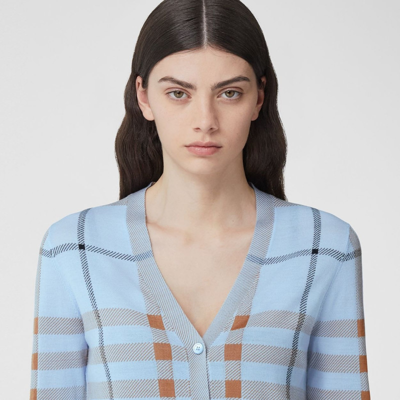 Check Intarsia Wool Silk Cotton Cardigan 3