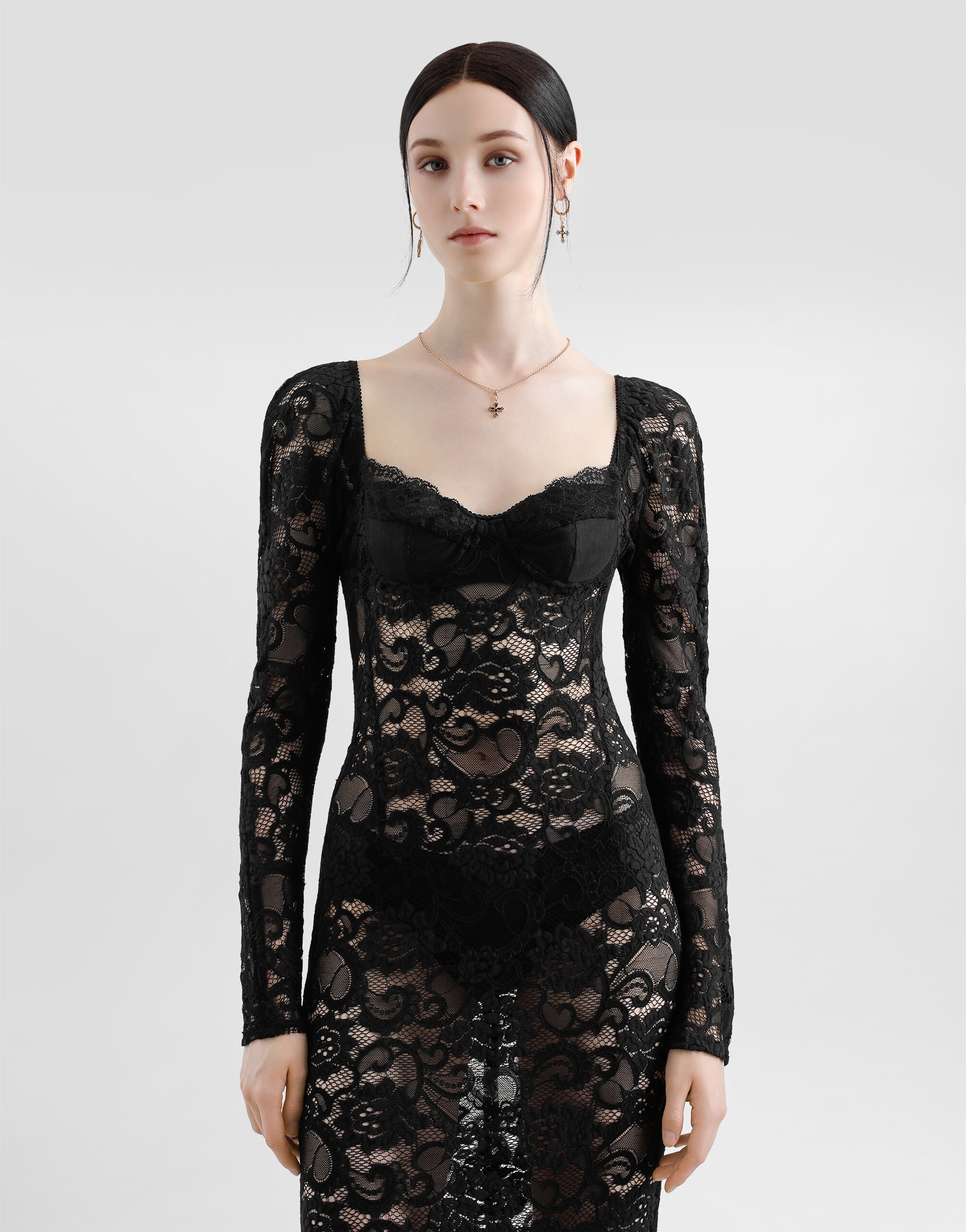 Calf-length floral lace dress with bra-style cups - 4