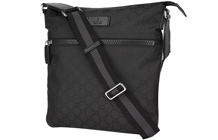 Men's Gucci Logo Leather Logo Stripe Webbing Shoulder Strap Nylon Shoulder Messenger Bag Black 44918 - 2