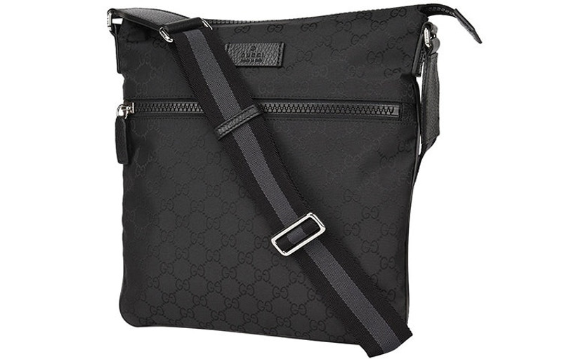 GUCCI Men's Gucci Logo Leather Logo Stripe Webbing Shoulder Strap Nylon Shoulder Messenger Bag Black 44918 outlook
