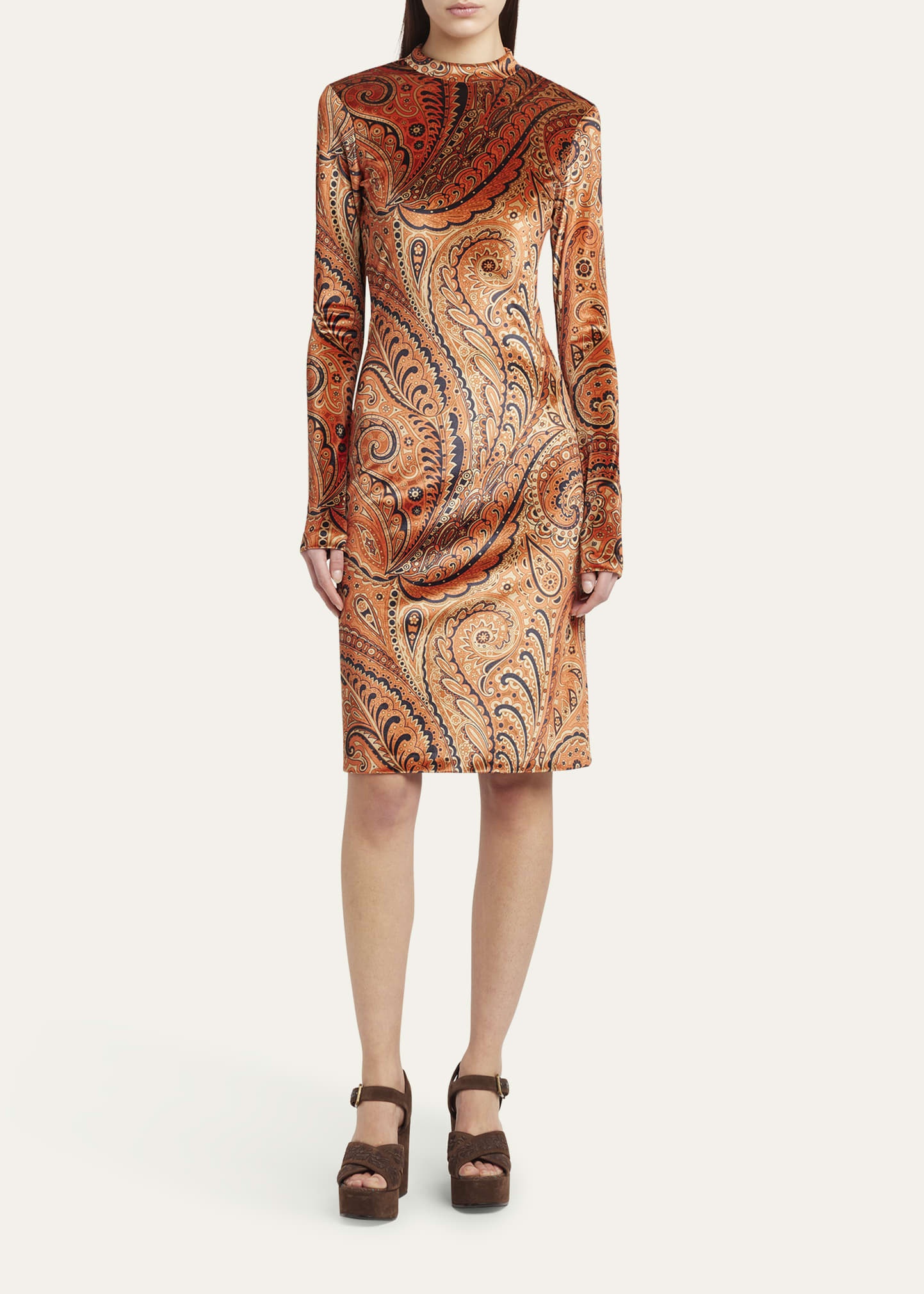 Long-Sleeve Velvet Paisley Dress - 2