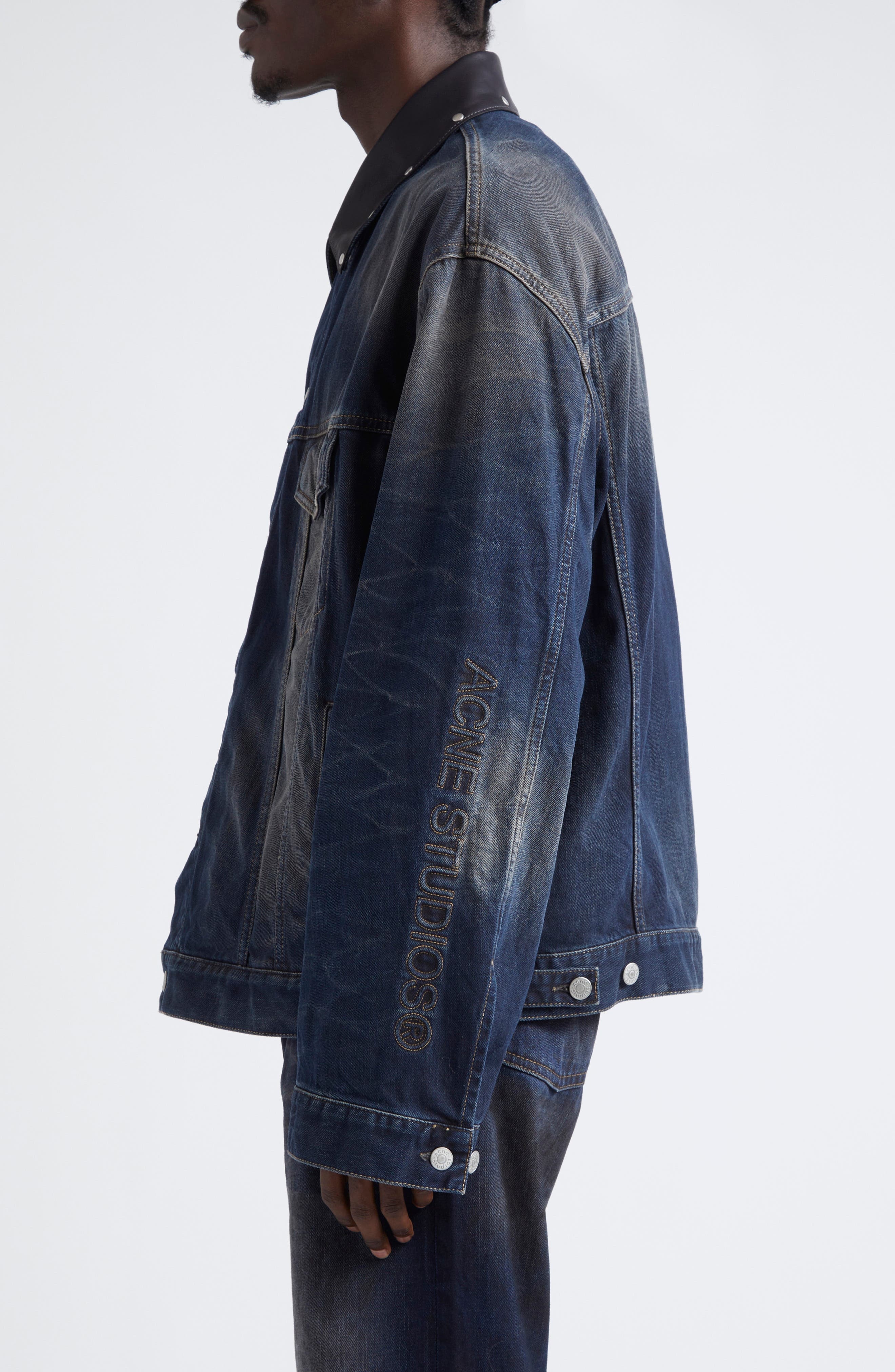 Acne Studios Leather Collar Oversize Denim Jacket in Dark Blue at Nordstrom - 4