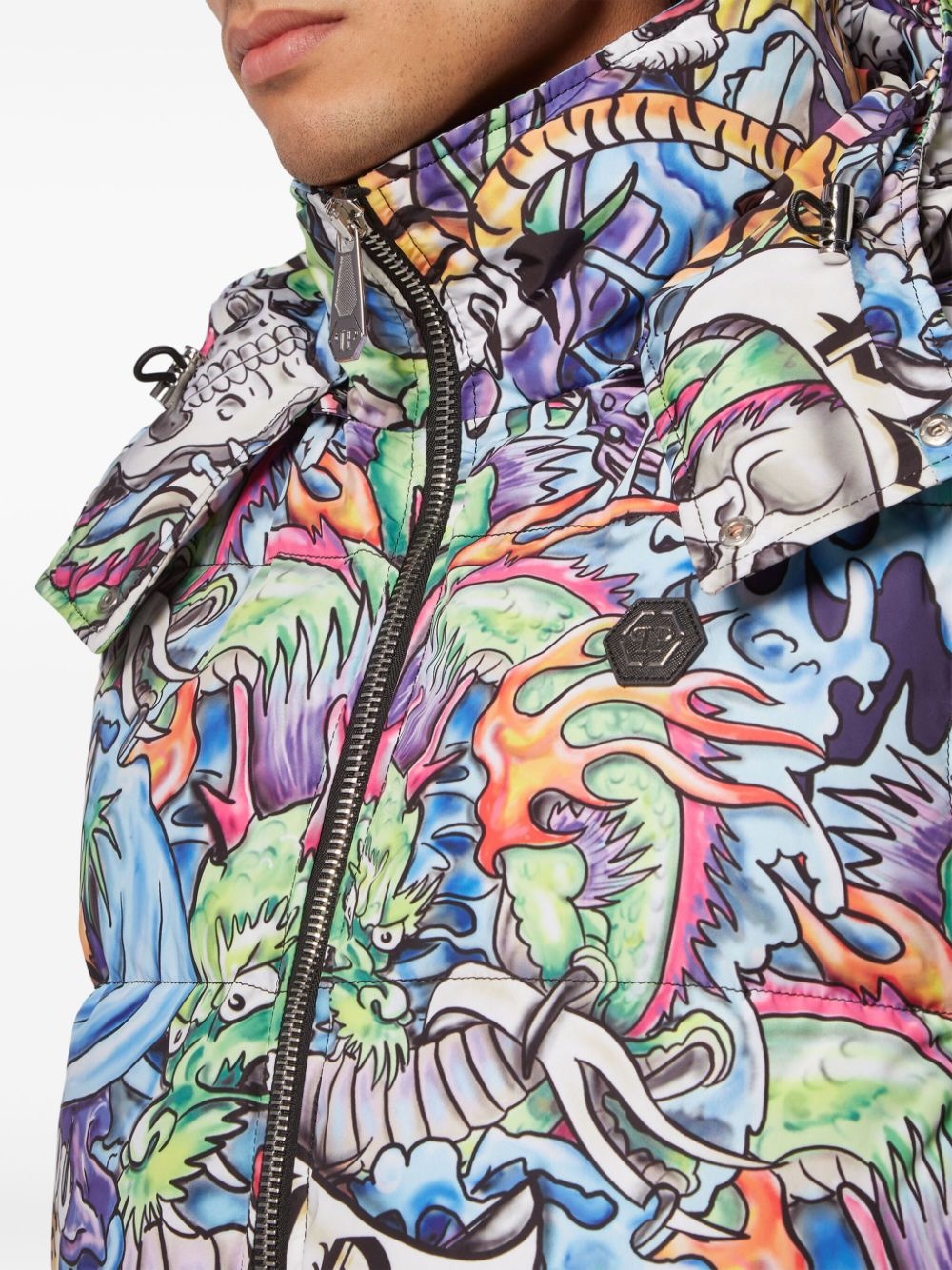 tattoo-print hooded puffer gilet - 5