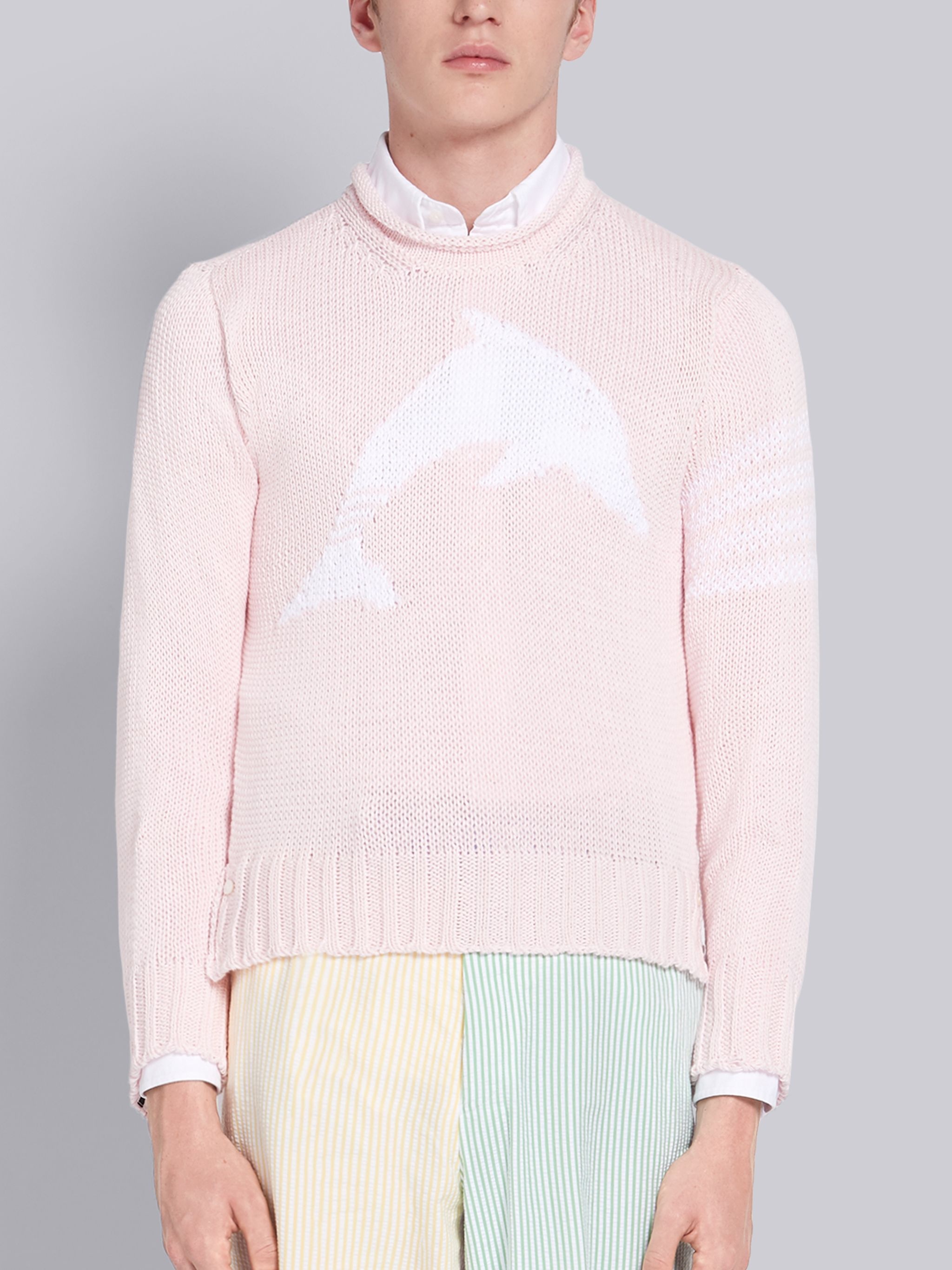 Pink Cotton Dolphin Intarsia Crewneck 4-Bar Pullover - 1