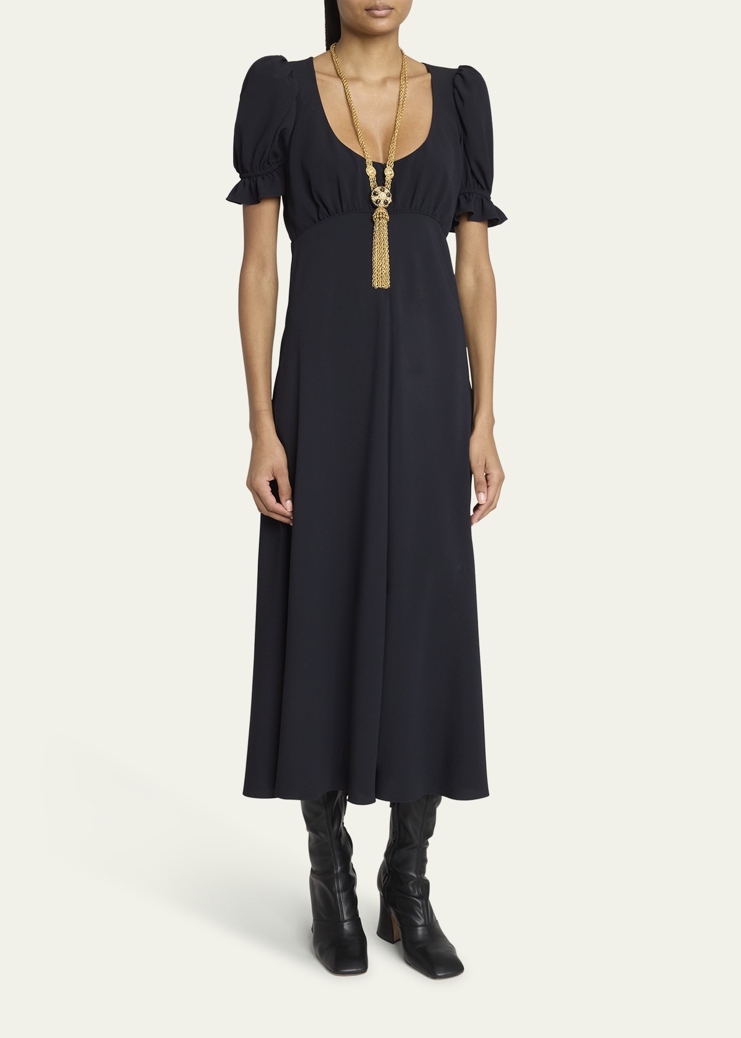 Empire-Waist Puff-Sleeve Ankle Dress - 2