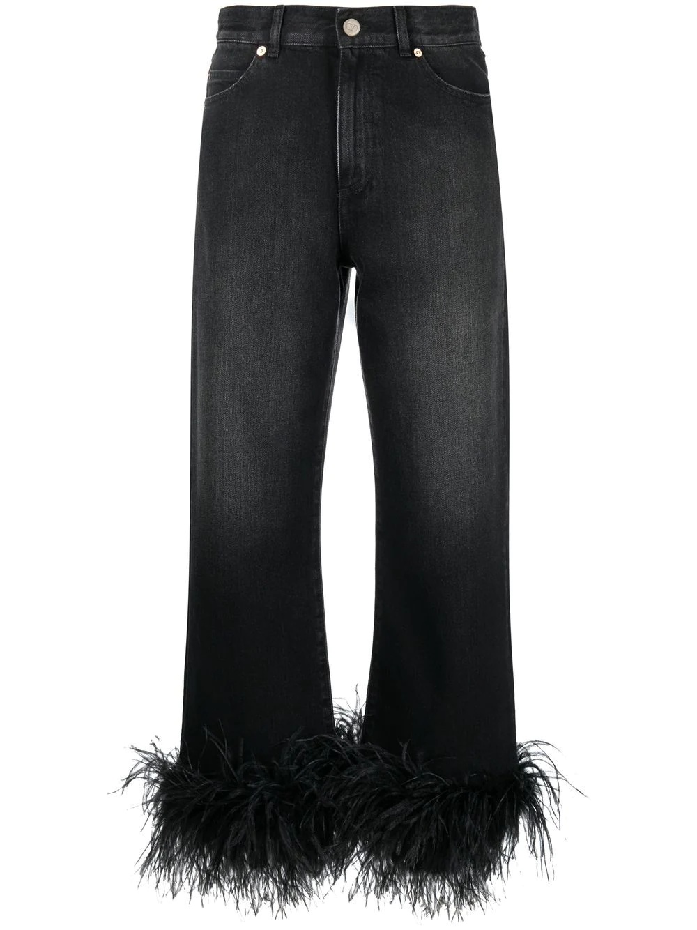 feather-trim straight-leg jeans - 1