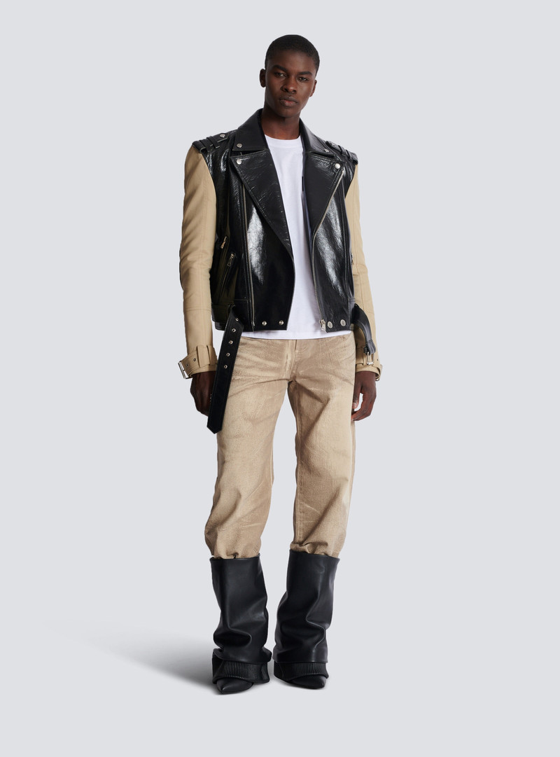 Balmain Leather and cotton biker jacket outlook