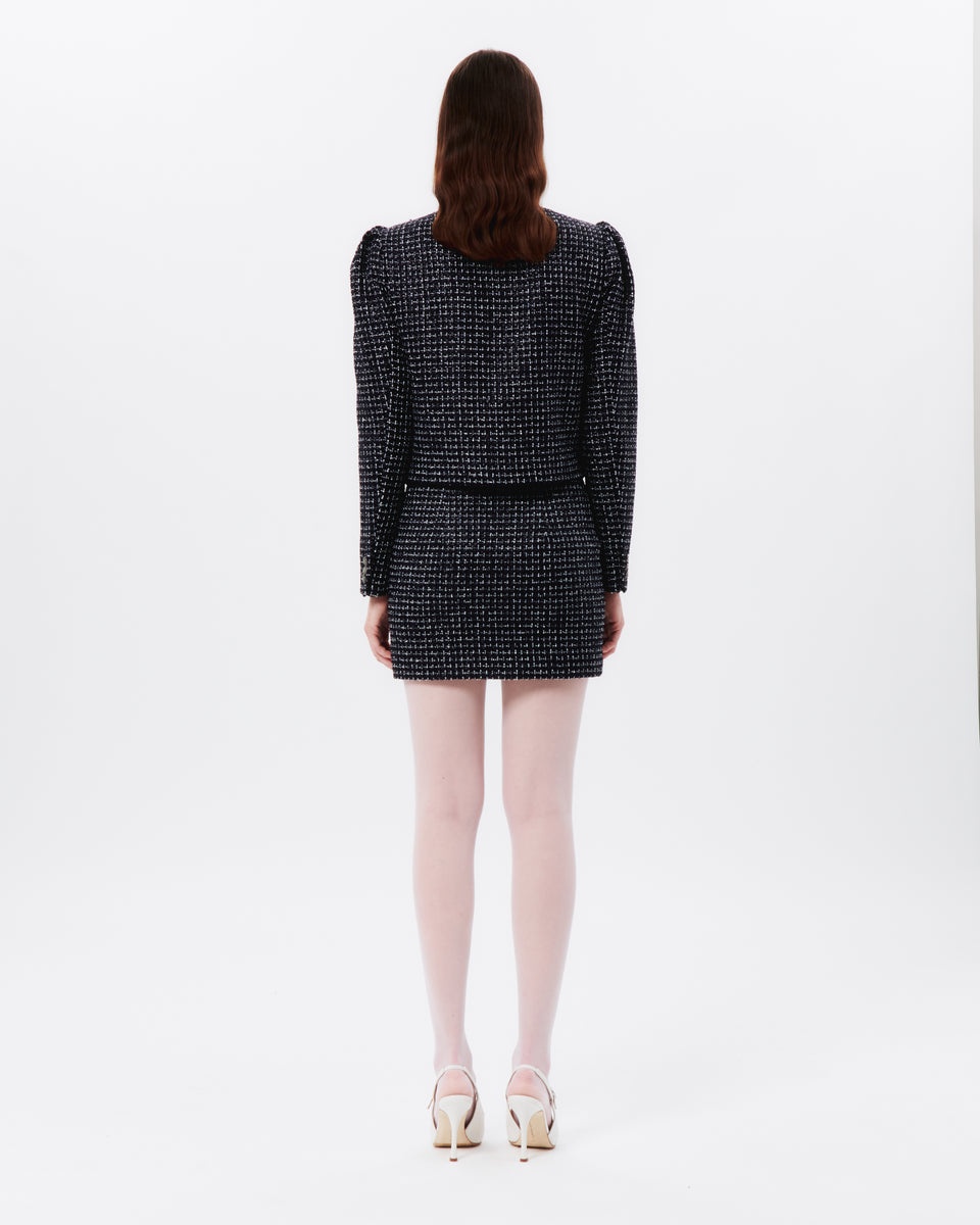 SEQUIN CHECKED TWEED  DOUBLE BREASTED JACKET - 5