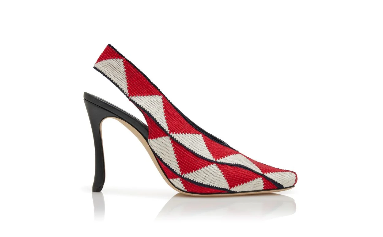 Red and White Cotton V-Neck Slingback Pumps - 1