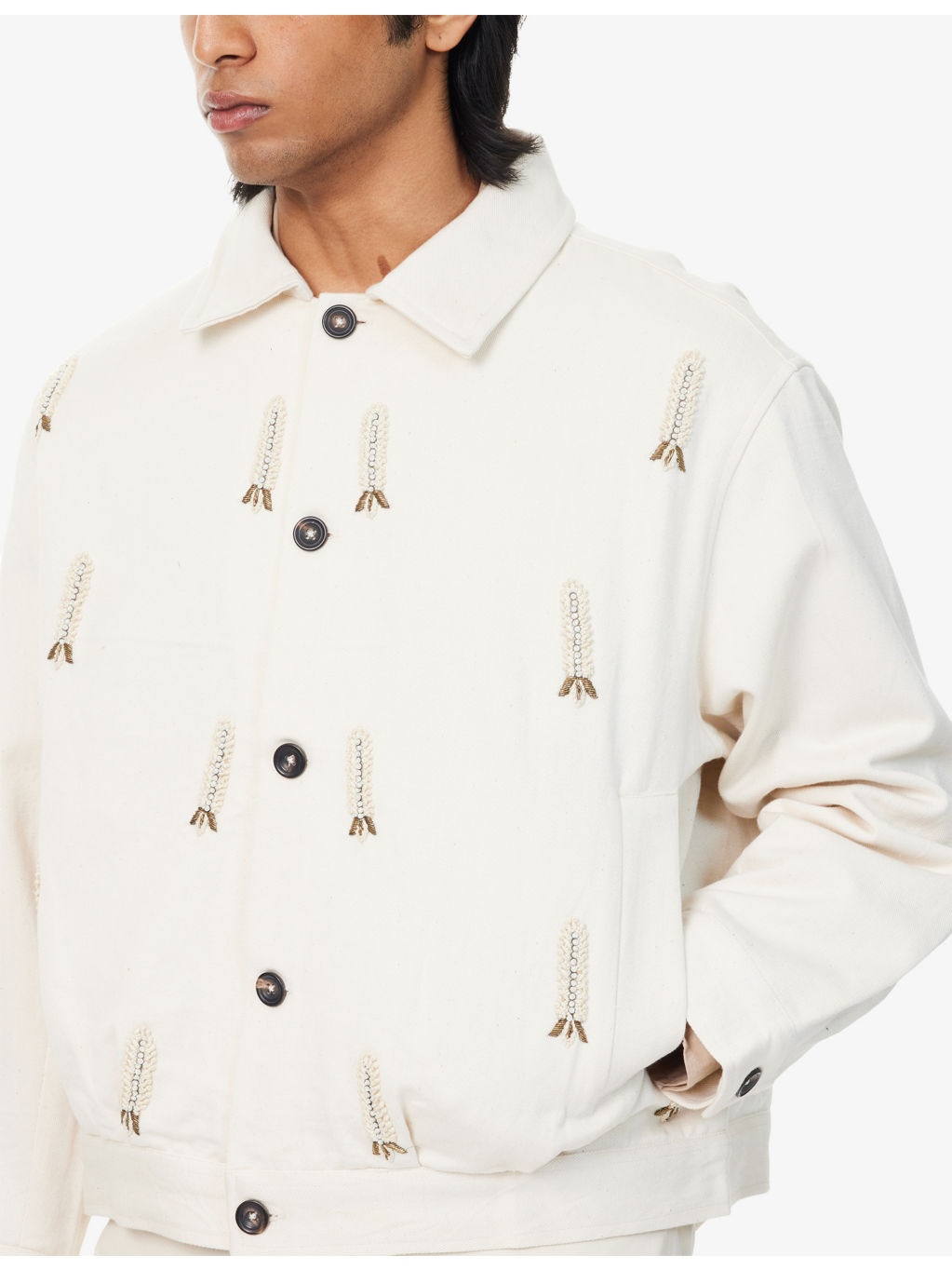 Pleated Embroidered-Motif Cotton Jacket - 5
