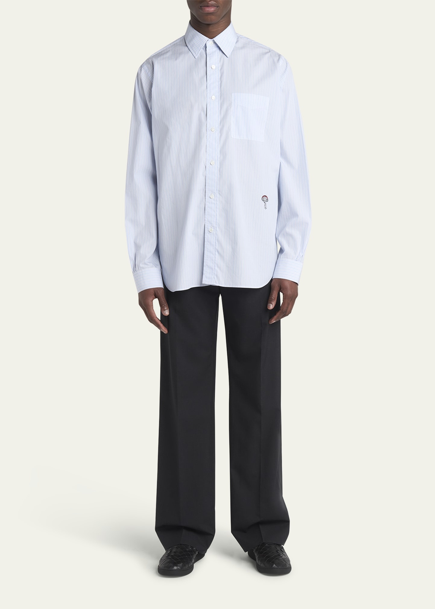 Men's Fine Stripe Poplin Shirt with Embroidered Mushroom Patch - 2