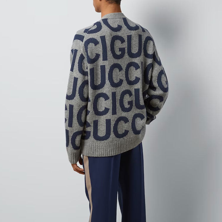Gucci Wool Cardigan With Gucci Intarsia 'Grey Bue' 771707-XKDLV-1140 - 3