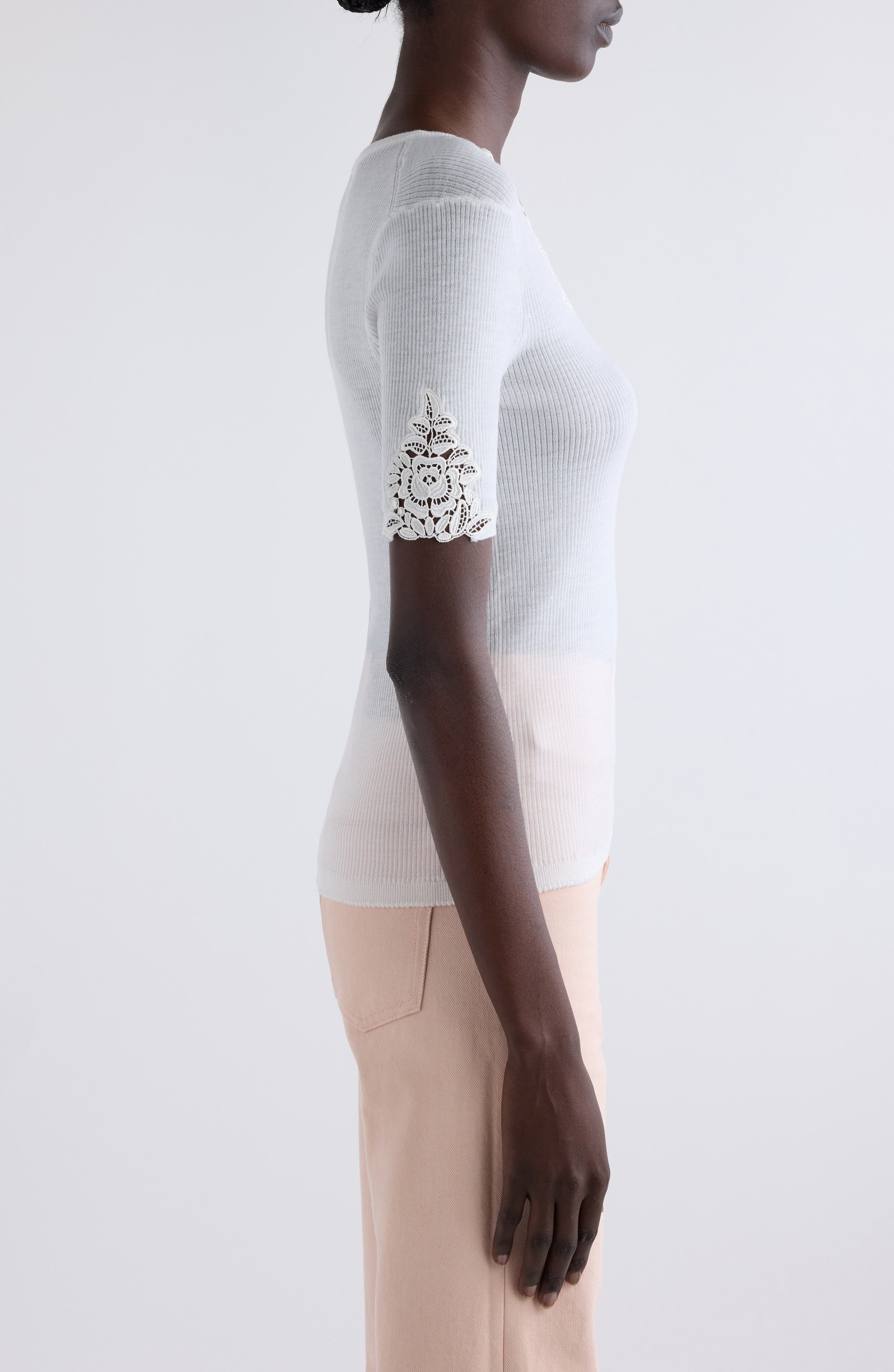 Chloé Lace Trim Rib Top in Iconic Milk at Nordstrom - 4