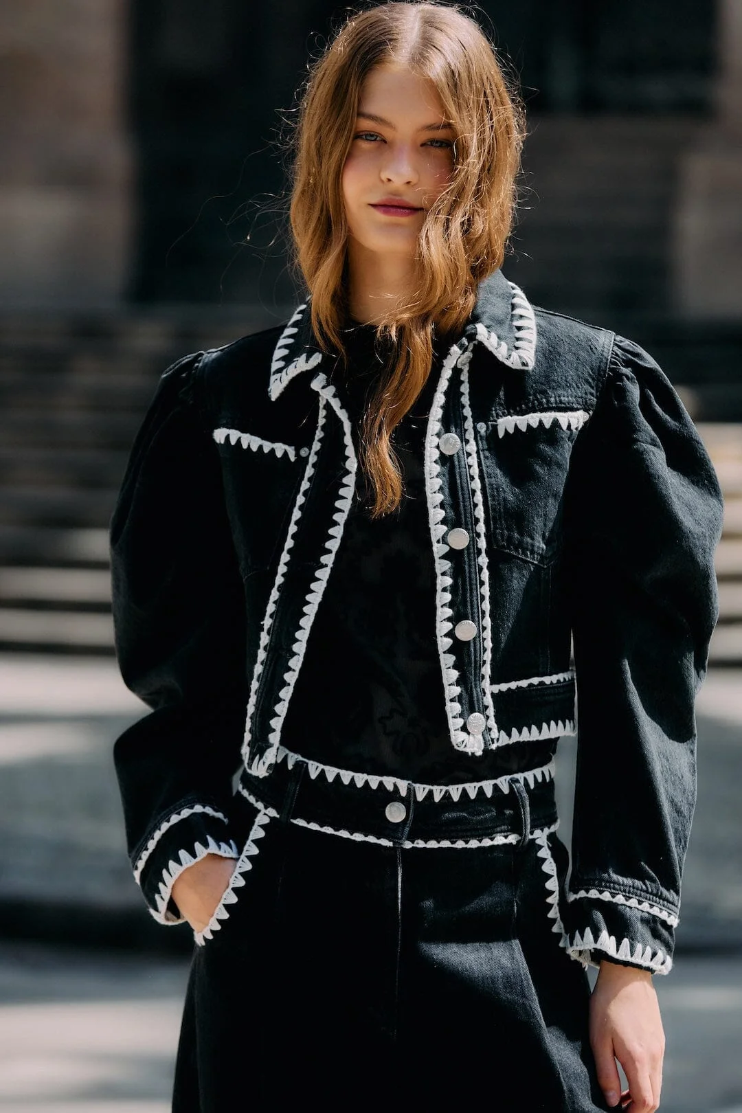 Black Romantic Crochet Embroidery Puff Sleeve Denim Jacket - 1