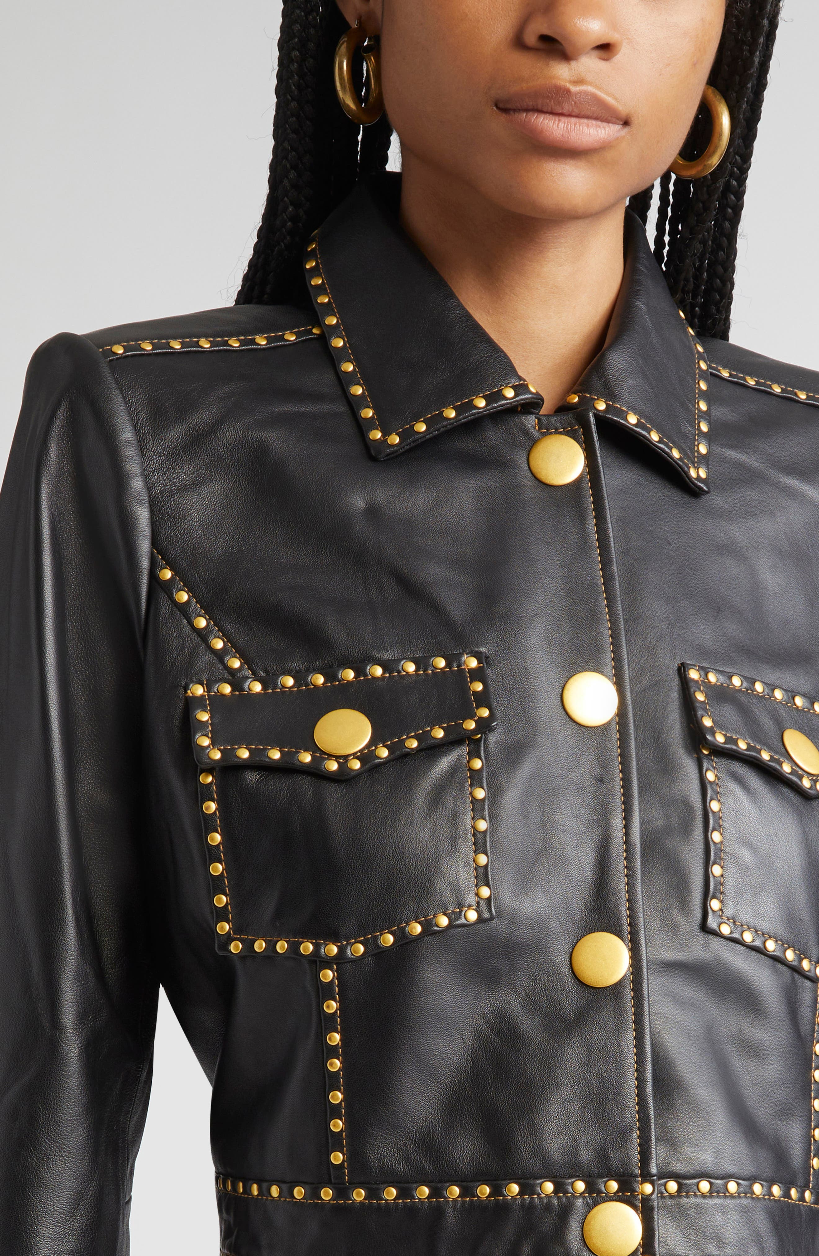 L'AGENCE Winsome Studded Crop Leather Jacket in Black at Nordstrom - 5