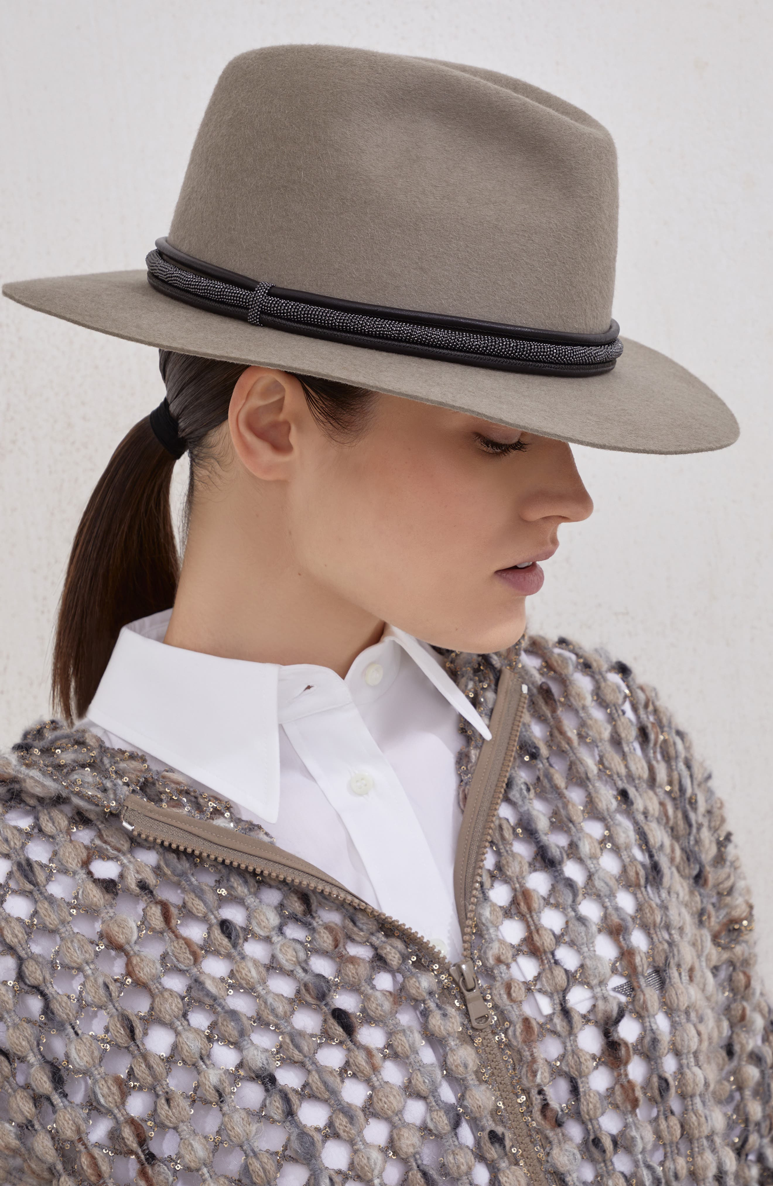 Brunello Cucinelli Felt fedora with monili in Dove Grey at Nordstrom - 4