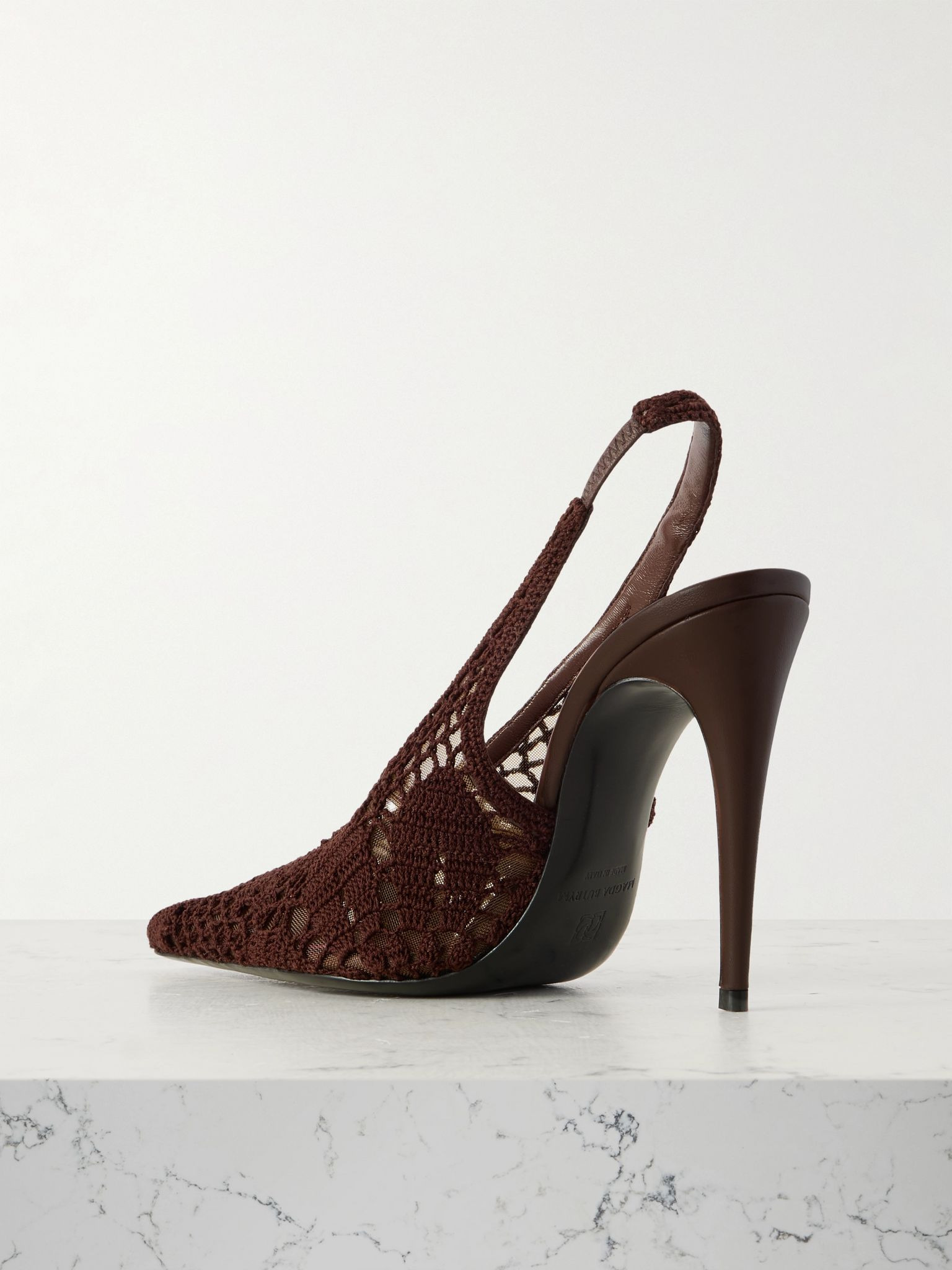 Leather-trimmed crocheted mesh slingback pumps Chocolate - 3