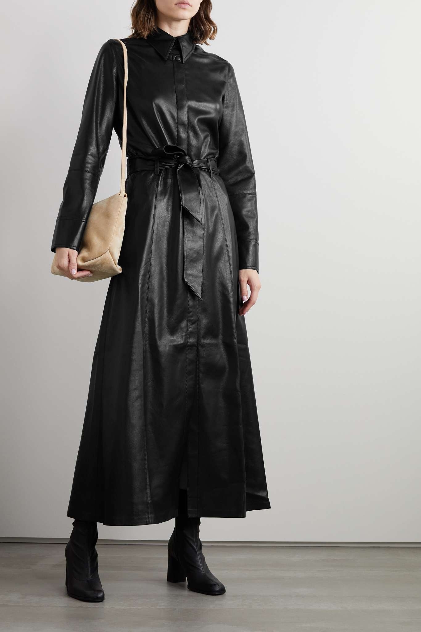 Asayo belted vegan leather midi shirt dress - 2