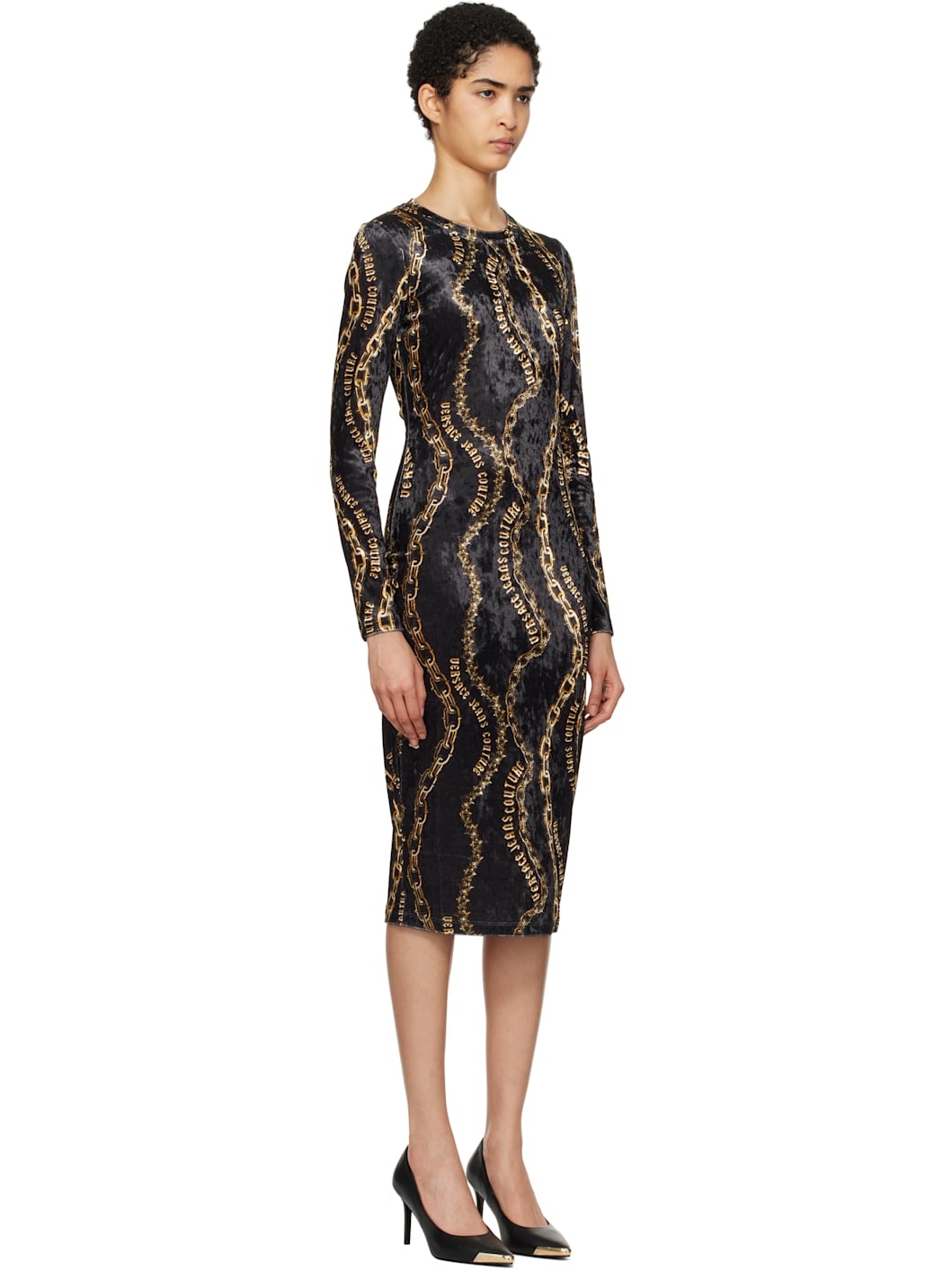 Black Chain Couture Velvet Midi Dress - 2