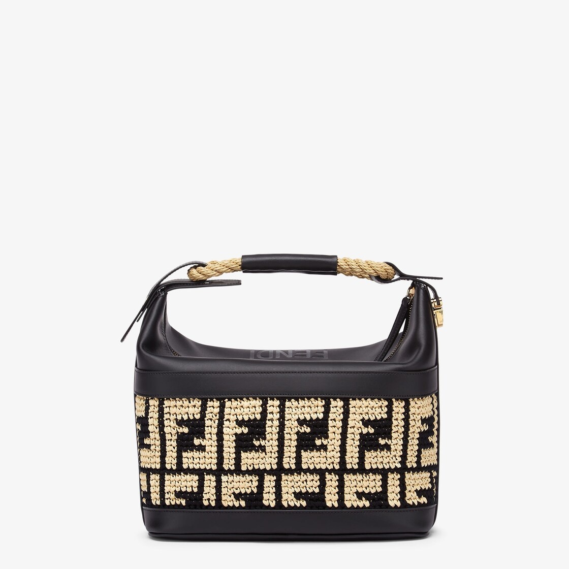 Insulated bag with handle and zip fastening. Made of hand-woven beige raffia with a black FF motif.  - 4