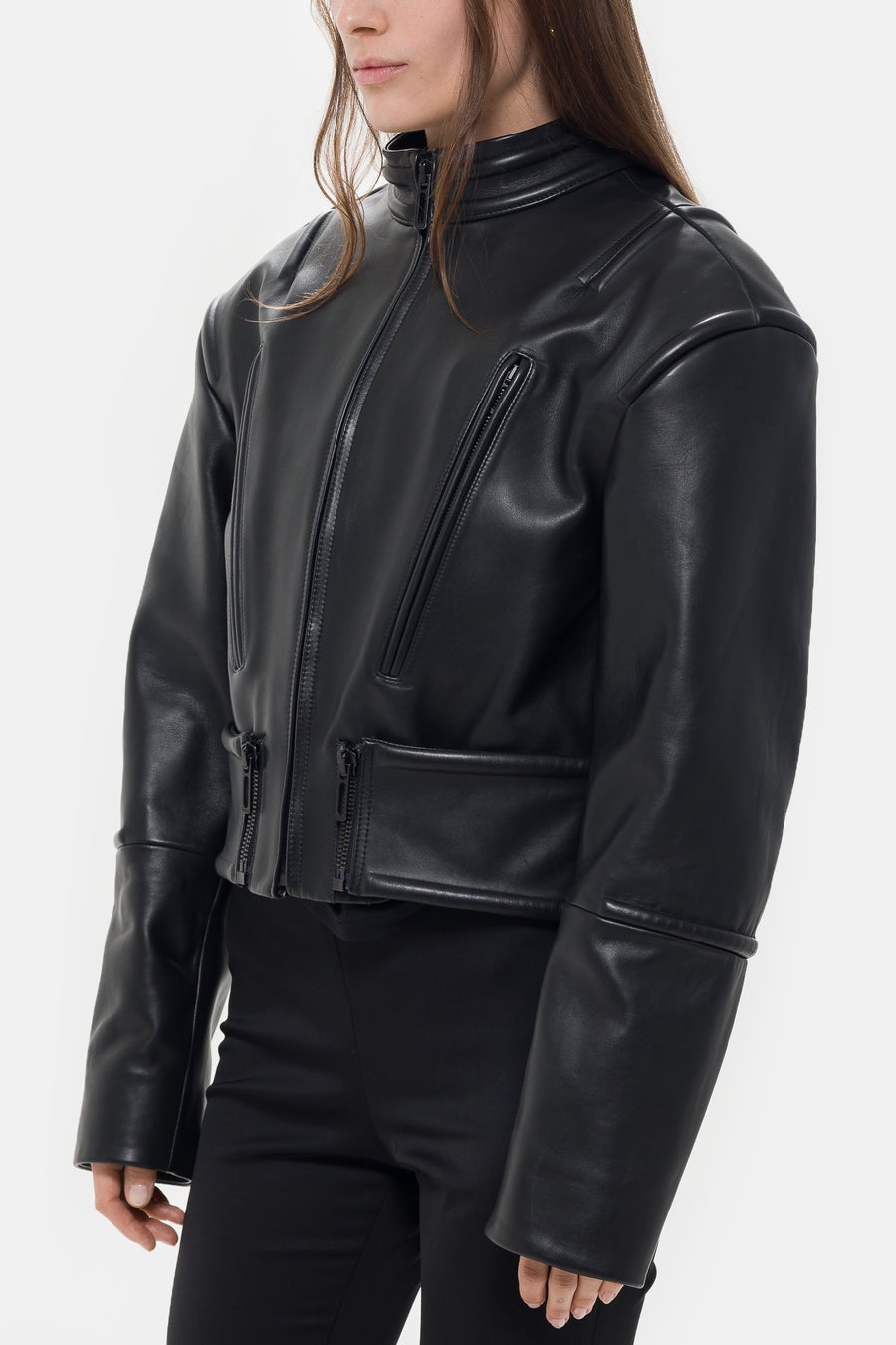 Hippolyta Guarded Leather Biker Jacket in Black - 5