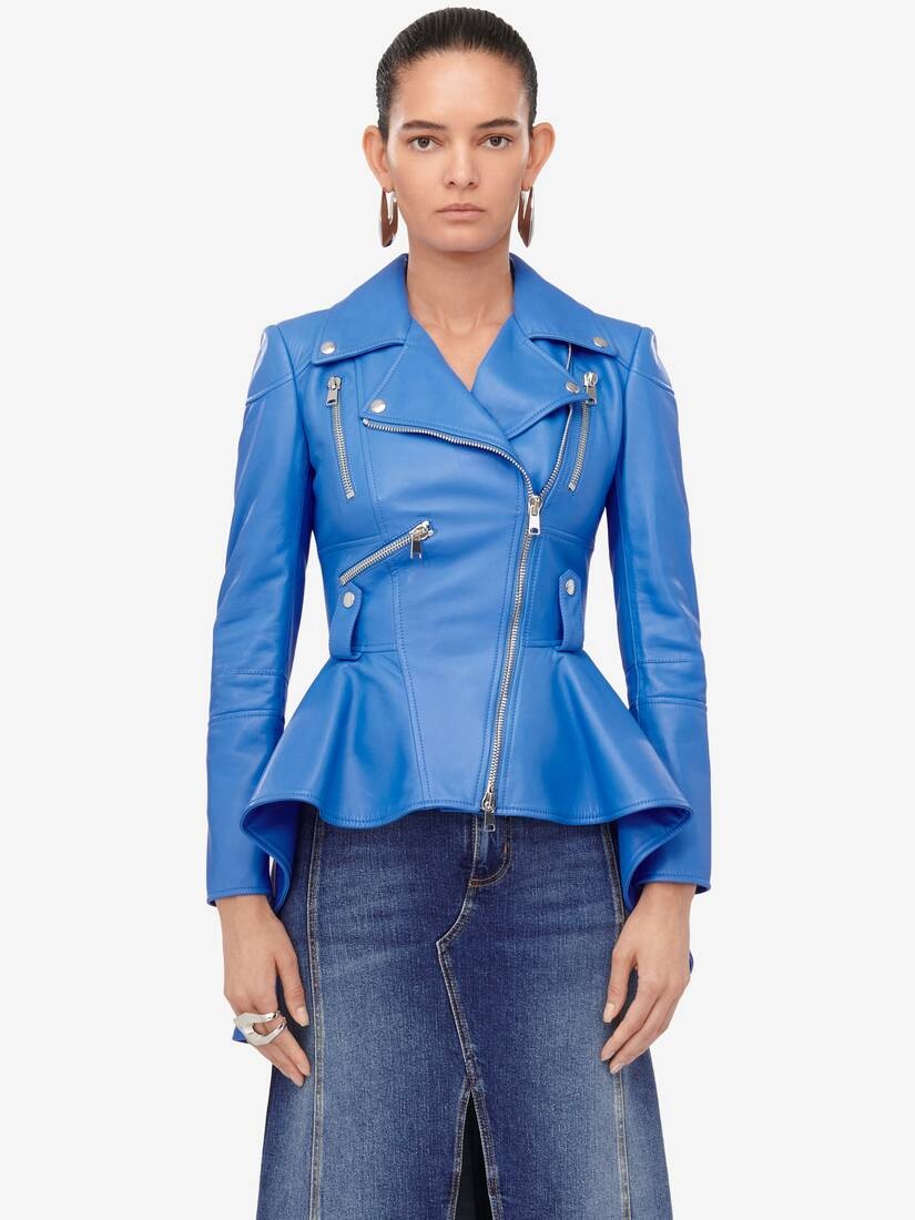 Women's Peplum Leather Jacket in Lapis Blue - 5