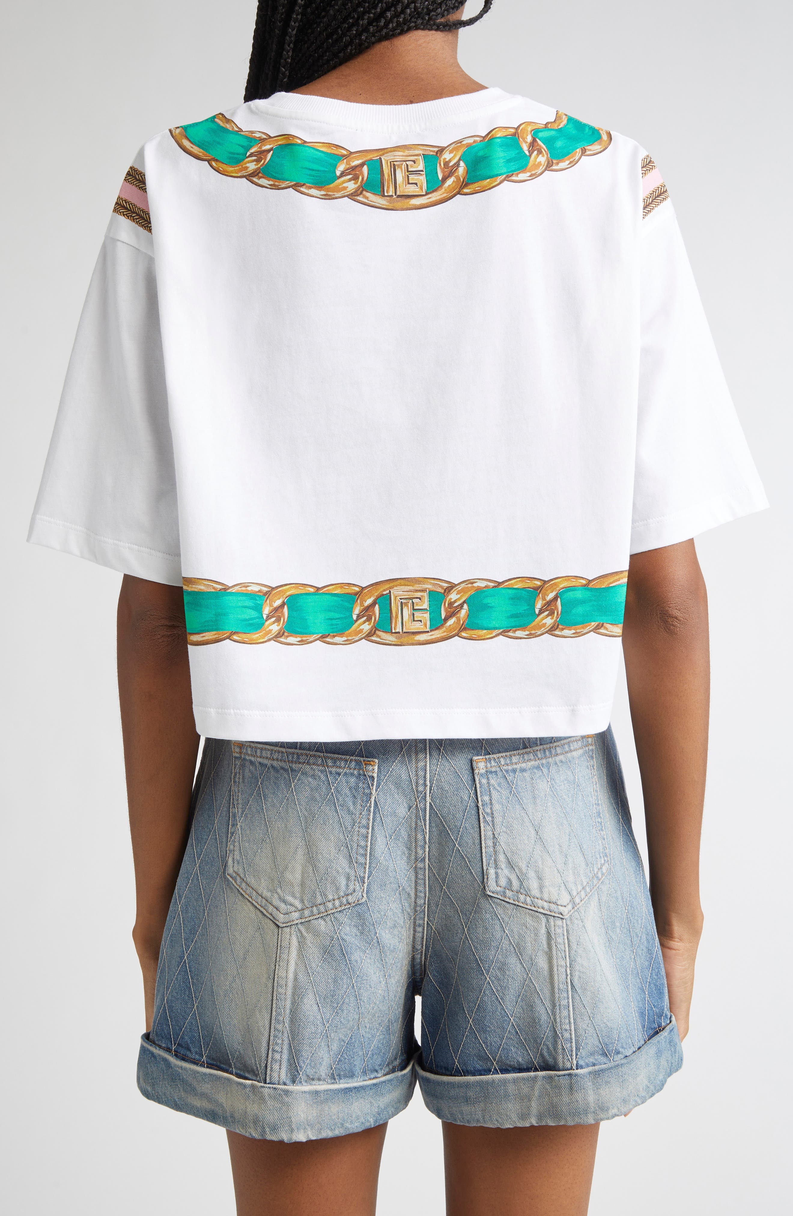 Balmain Foulard Print Crop T-Shirt in Gsr White Multi at Nordstrom - 3