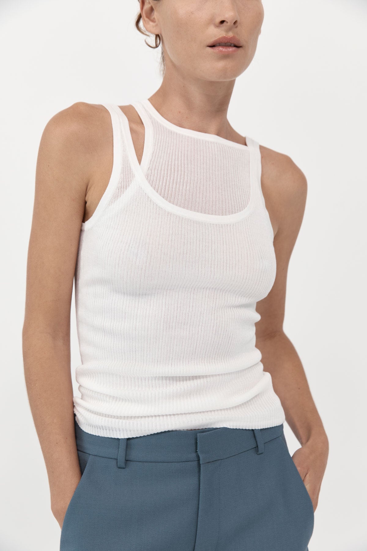 Double Layer Knit Singlet - White - 1