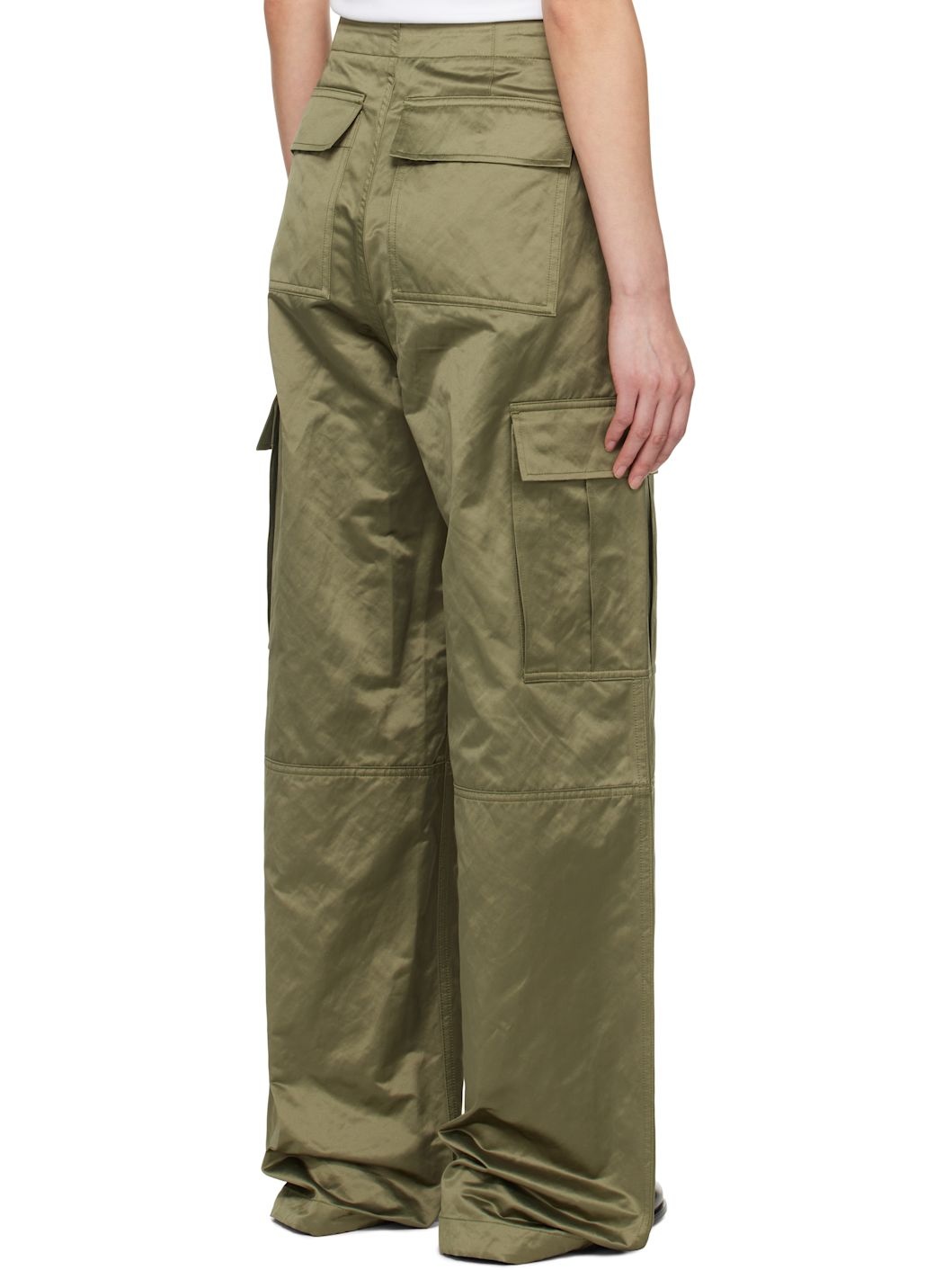 Khaki Cotton Satin Zipped Cargo Trousers - 3