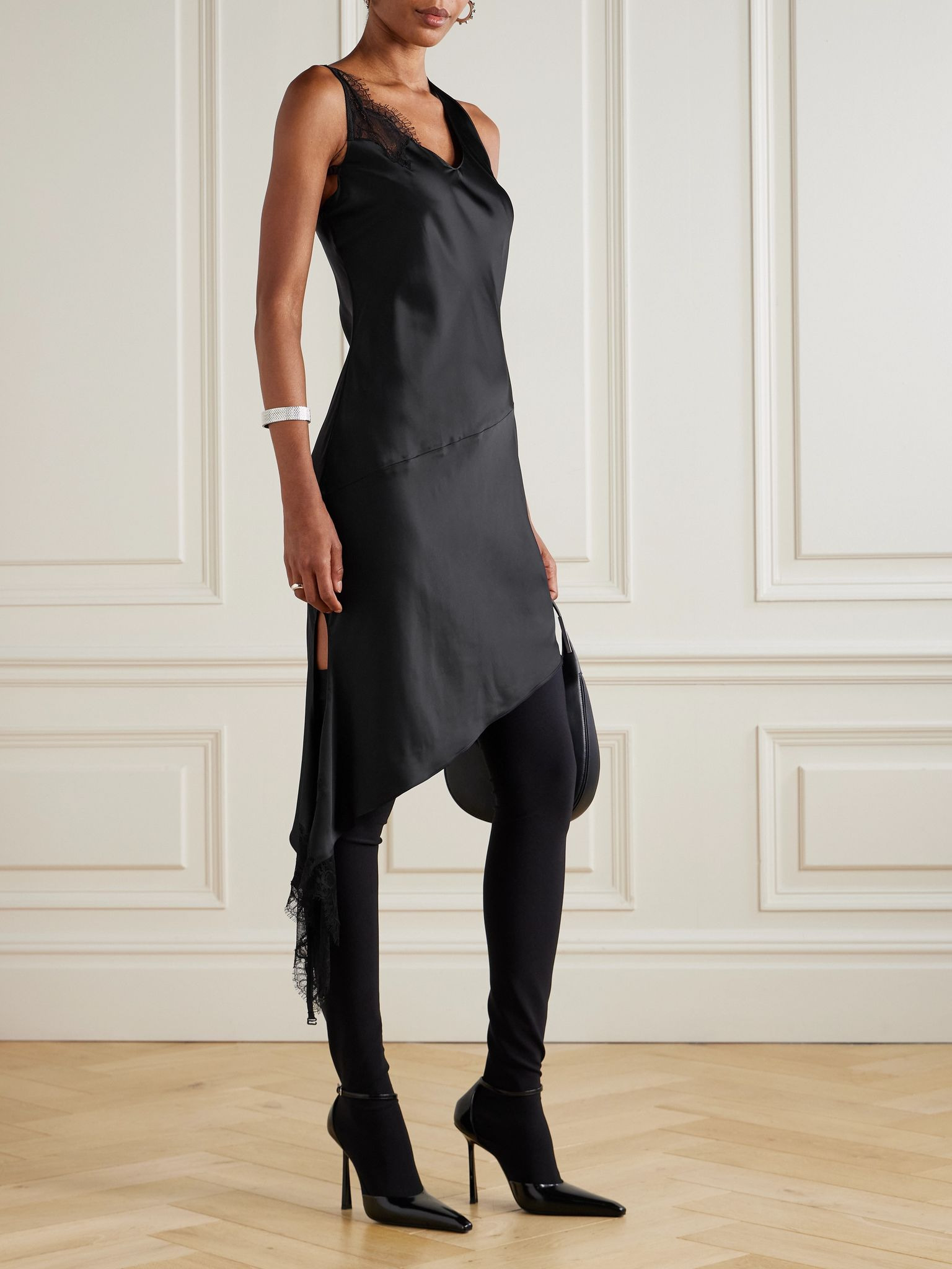 Asymmetrical lace-trimmed satin mini dress Black - 2