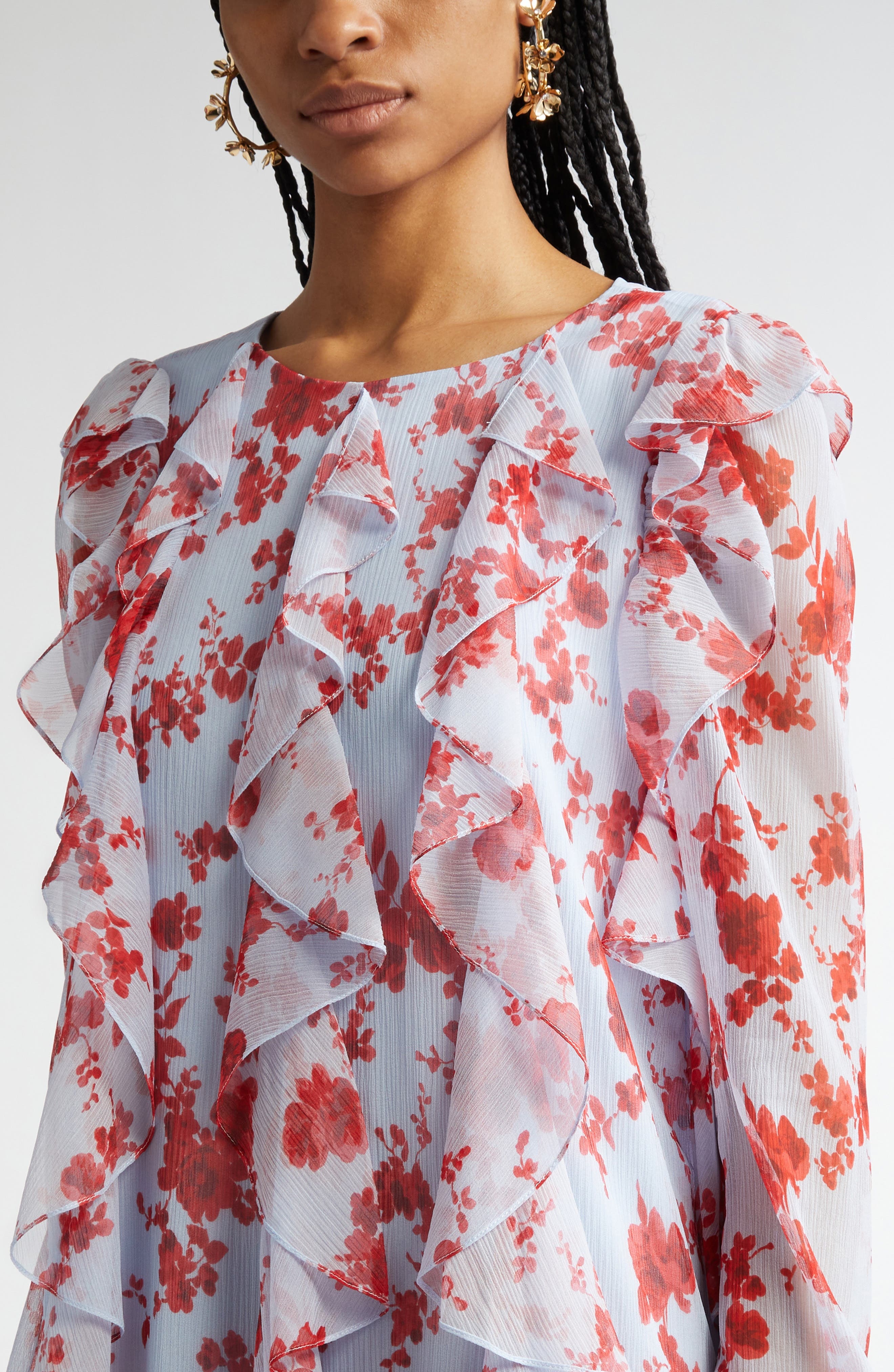 Carolina Herrera Floral Print Long Sleeve Tiered Ruffle Silk Chiffon Minidress in Celeste Multi at N - 4