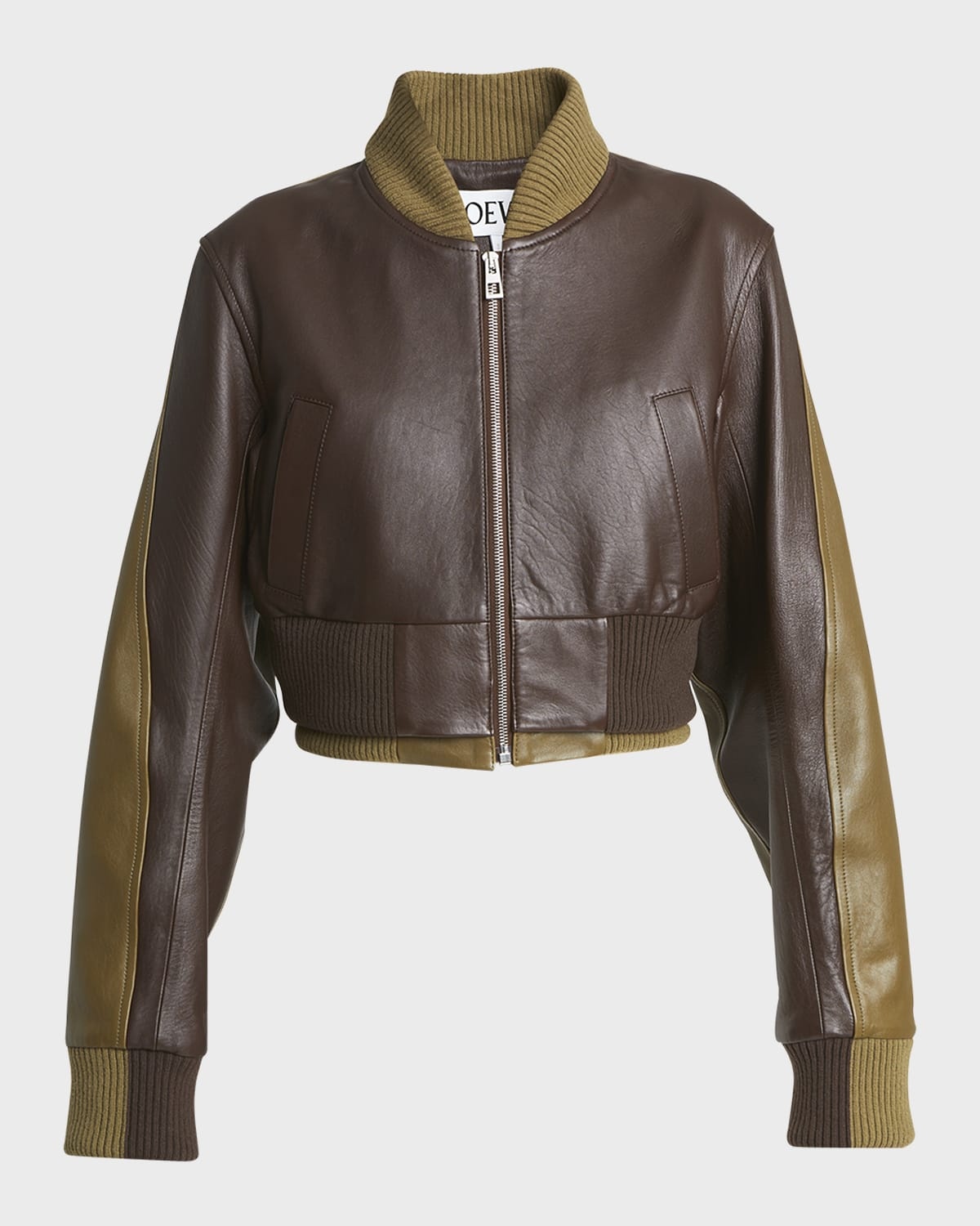 Two-Toned Leather Cropped Bomber Jacket - 1