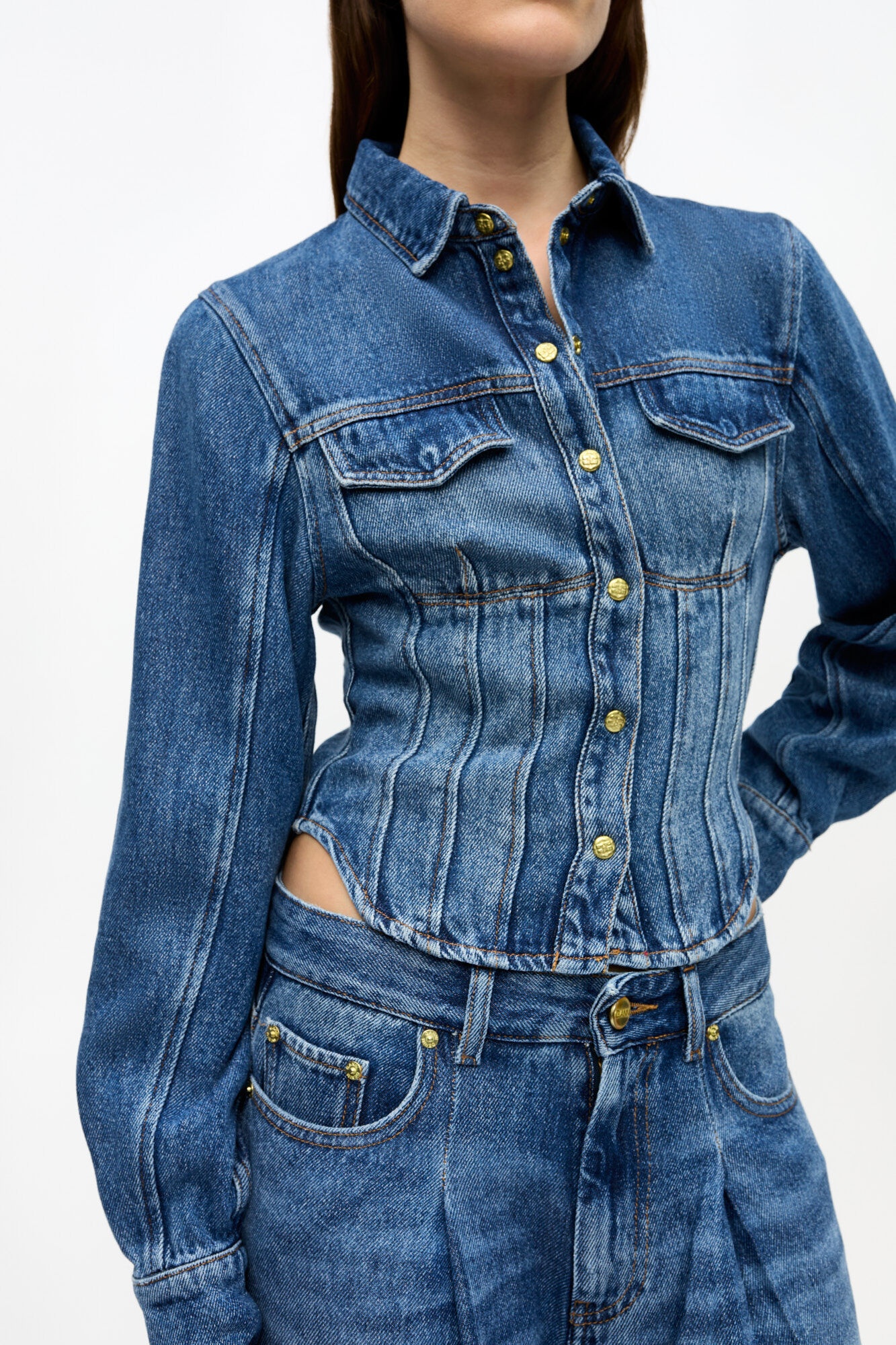 BLUE LIGHT DENIM CORSAGE SHIRT - 5