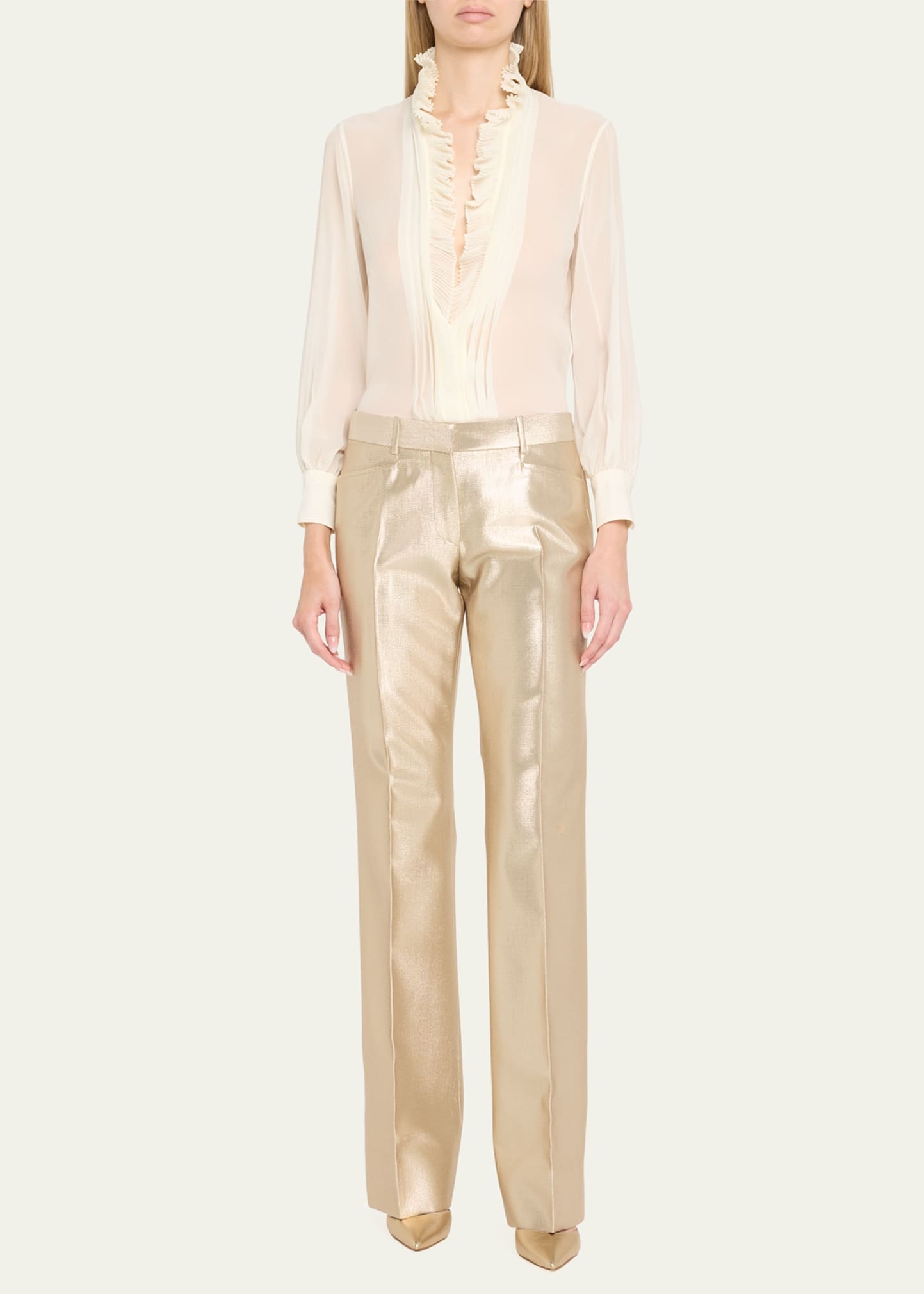 Metallic Low Waist Flare Wool Pants - 2