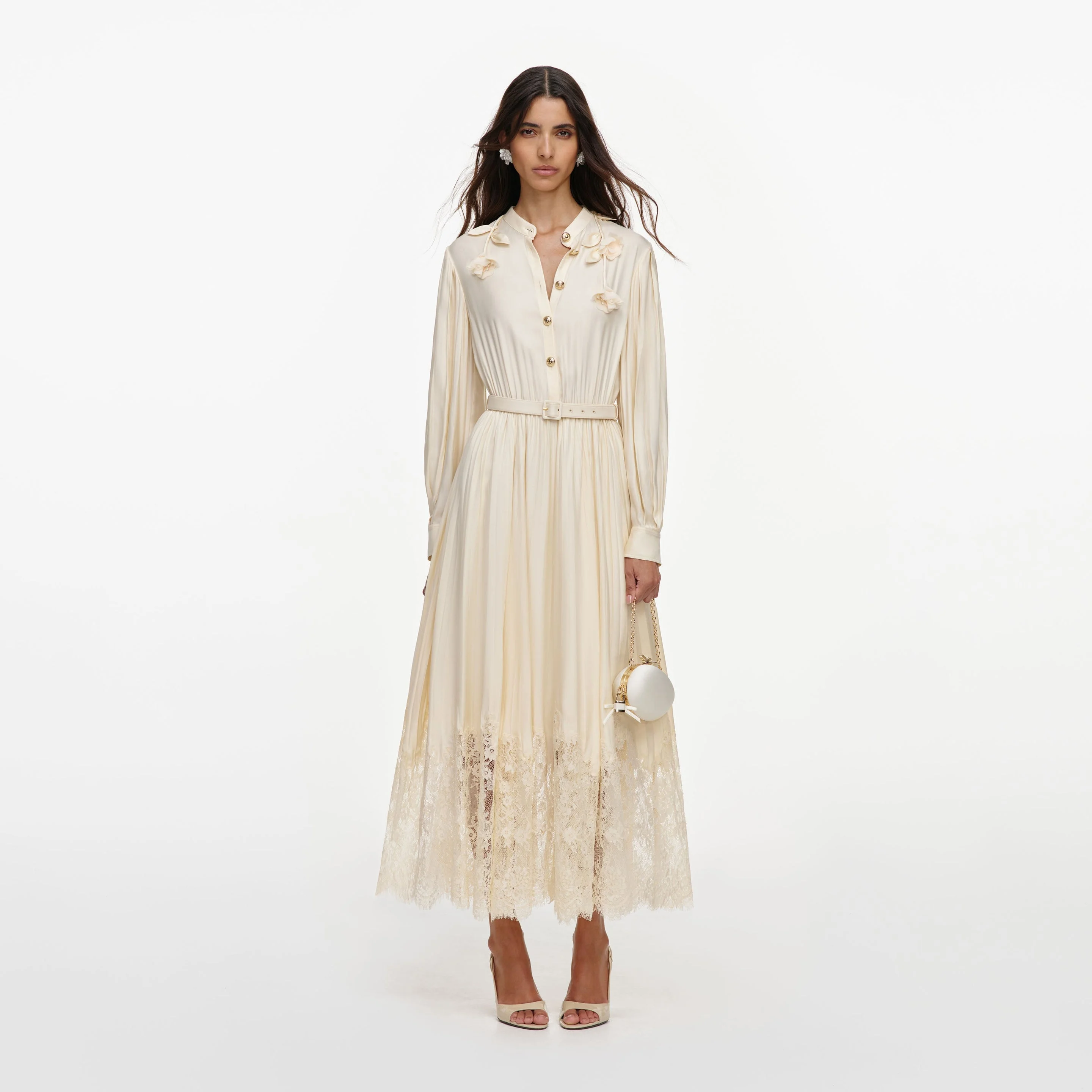 Yellow Viscose Lace Pleated Midi Dress - 1