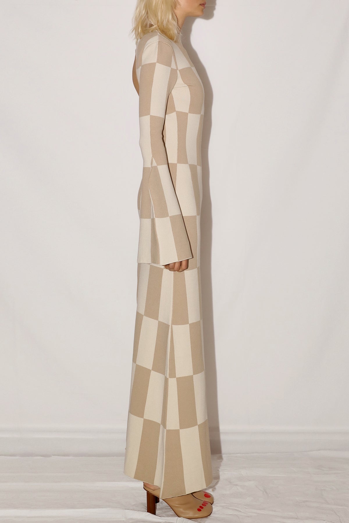 MAXI KNIT CHECK DRESS IVORY BEIGE - 3