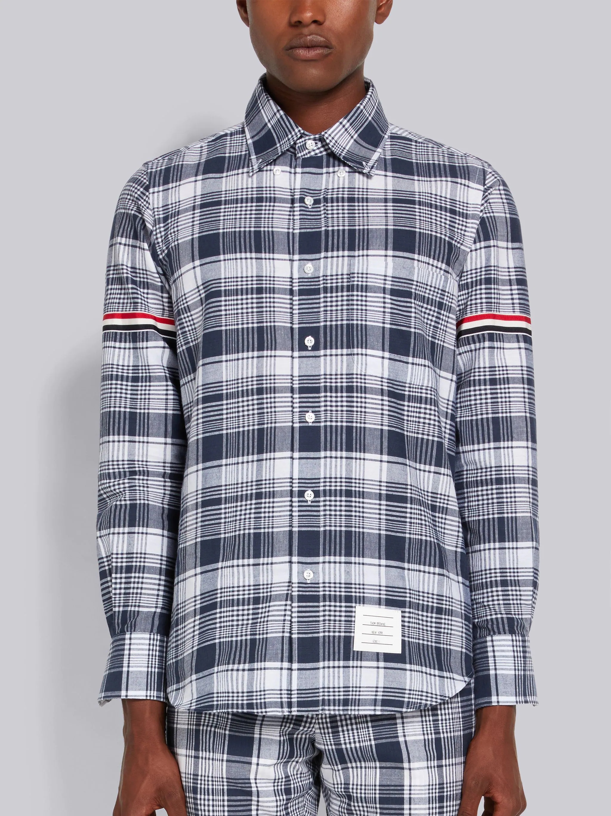 Navy Hairline Madras Check Stripe Armband Straight Fit Shirt - 3