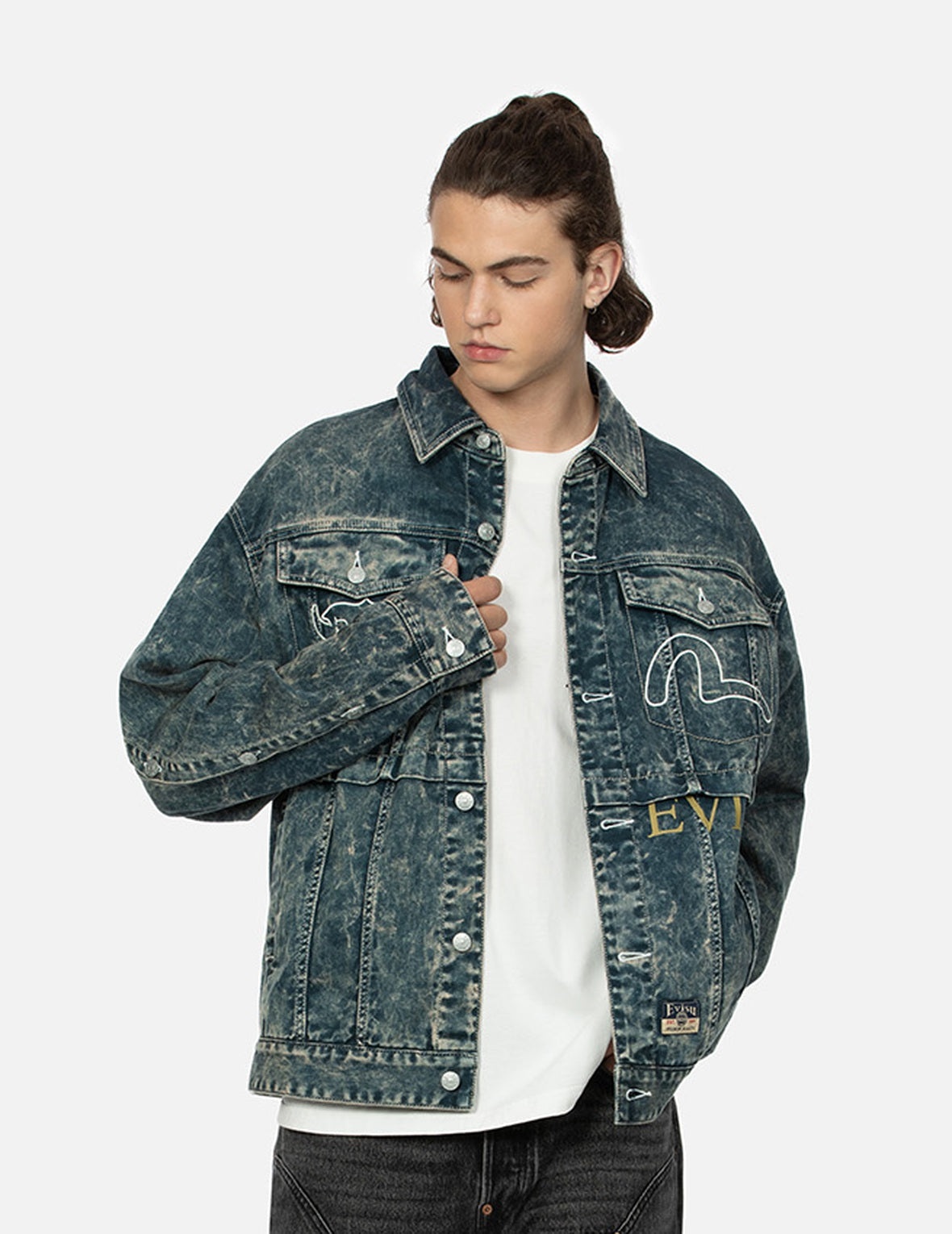 Multi-Print and Embroidery Acid-Wash Fashion Fit Denim Jacket - 4