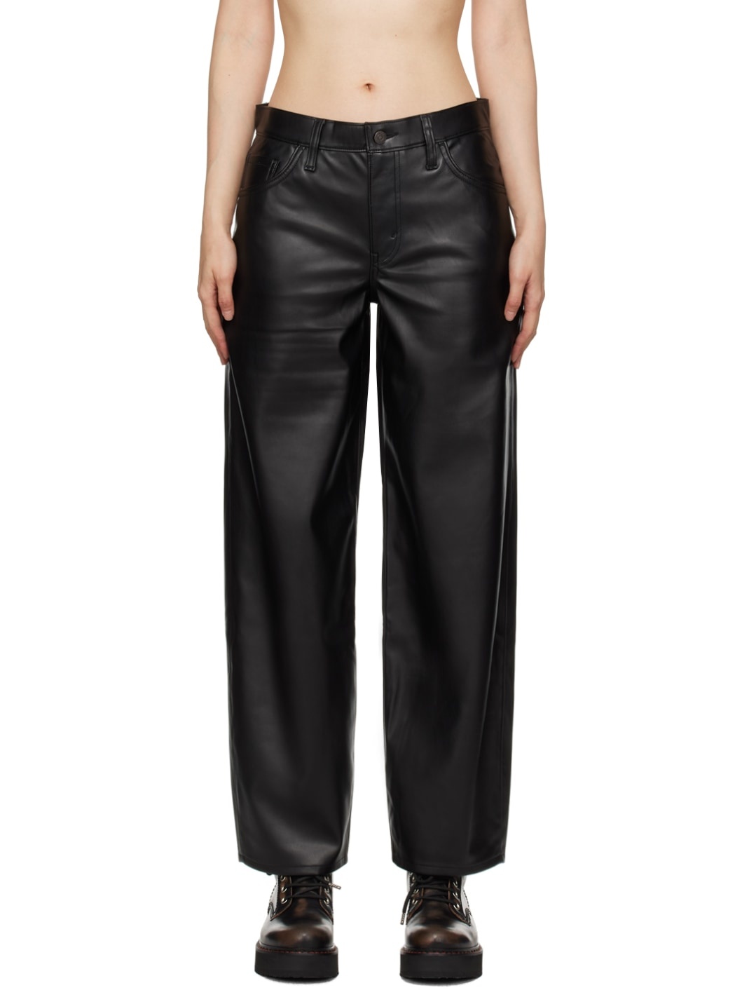 Black Baggy Dad Faux-Leather Trousers - 1