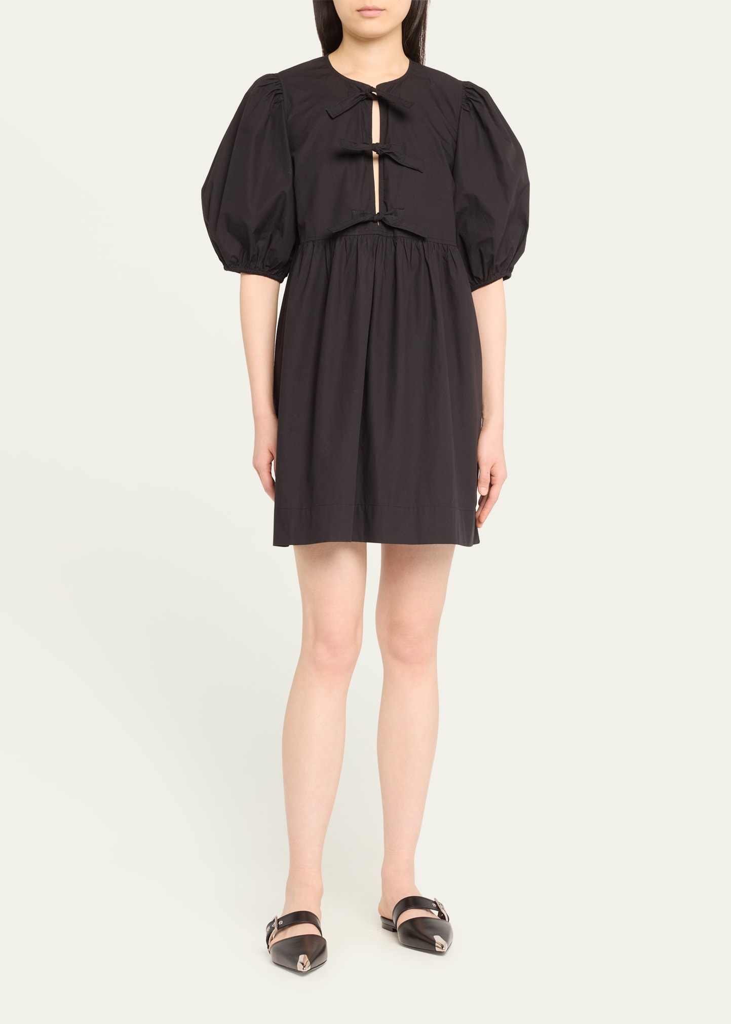 Tie-Front Puff-Sleeve Poplin Mini Dress - 2