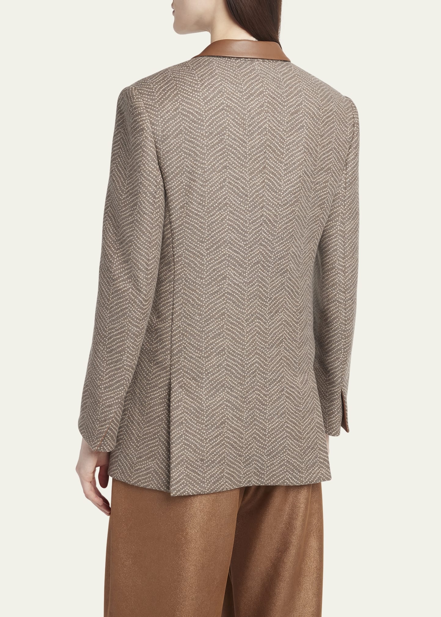 Chevron Wool Single-Breasted Blazer with Leather Trim - 3