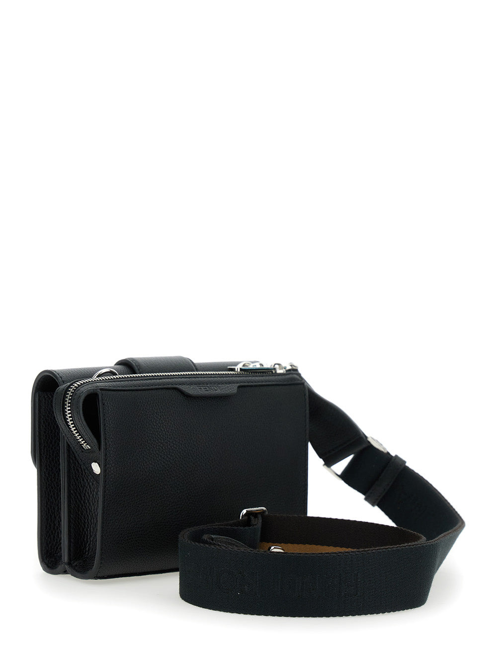Fendi Men 'Baguette Double' Black Crossbody Bag With Ff Plaque On The Front In Hammered Leather Woma - 3