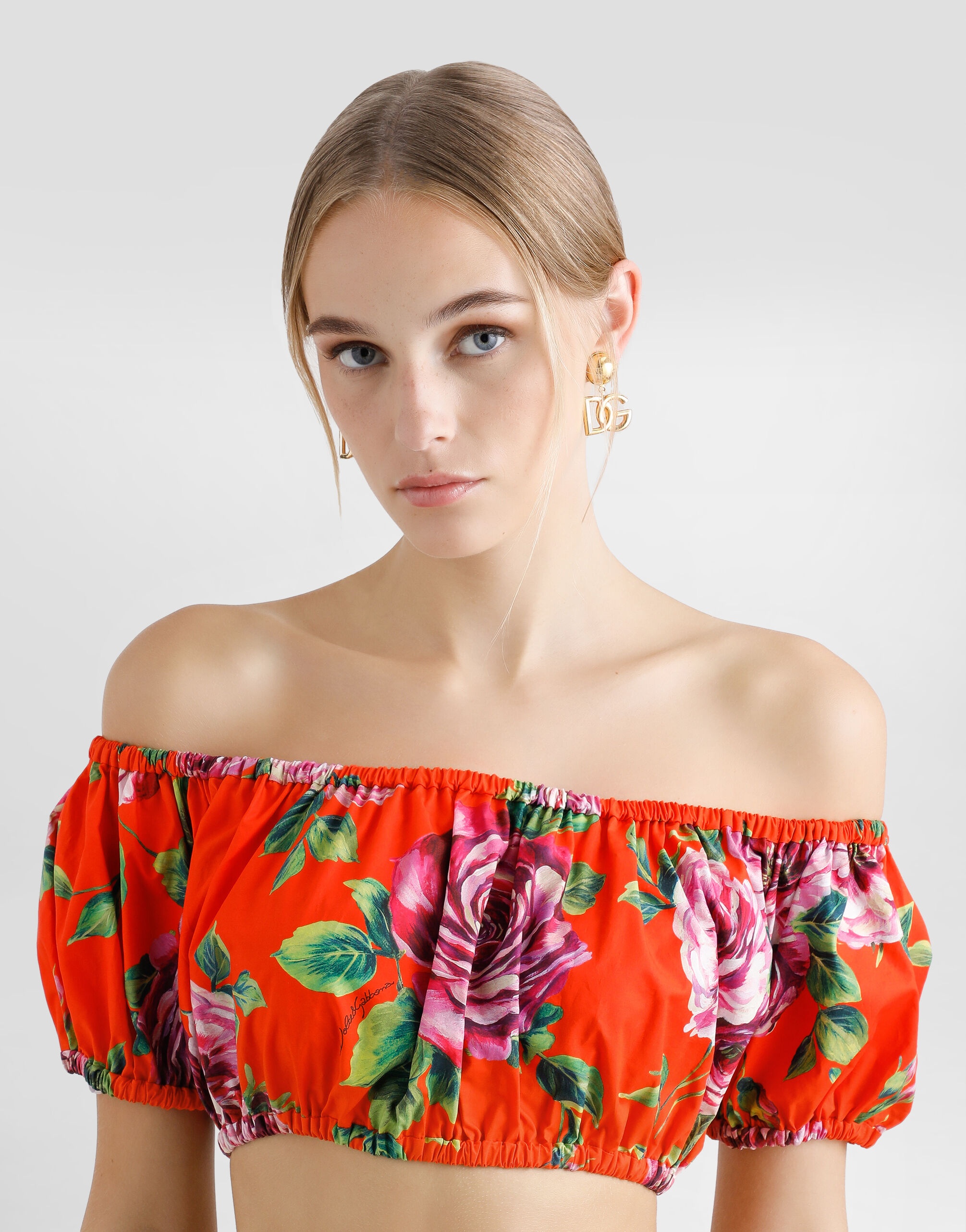 Bardot-neck top in rose-print cotton - 4